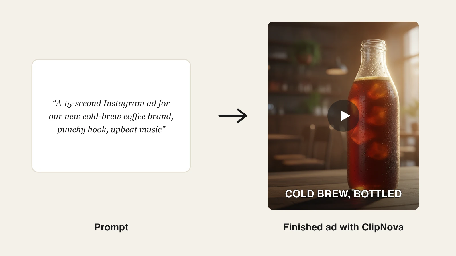 Best AI tools for marketers: a cold-brew coffee ad prompt turned into a finished Instagram video ad in ClipNova