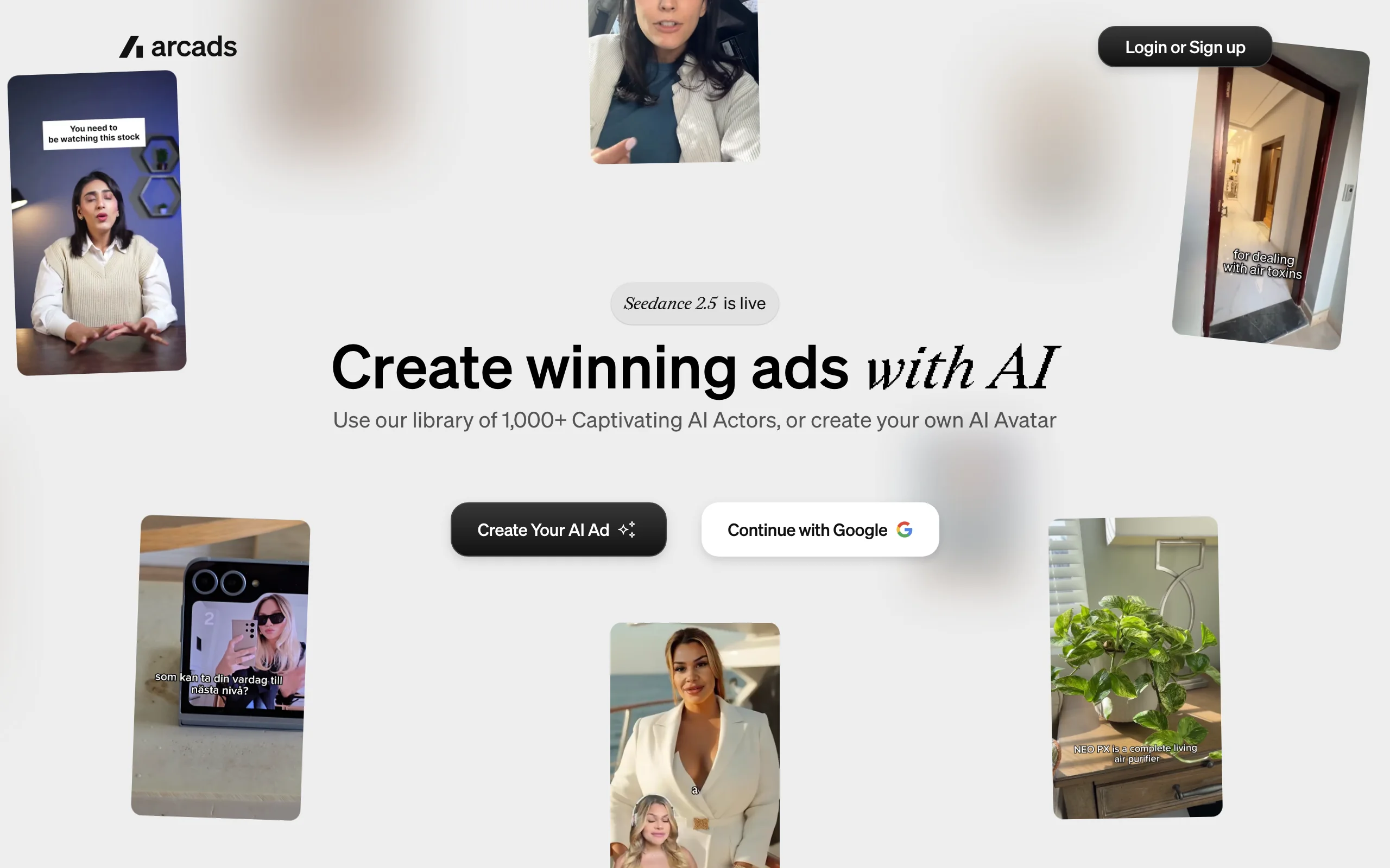 Arcads homepage with a library of AI actors for UGC-style ads