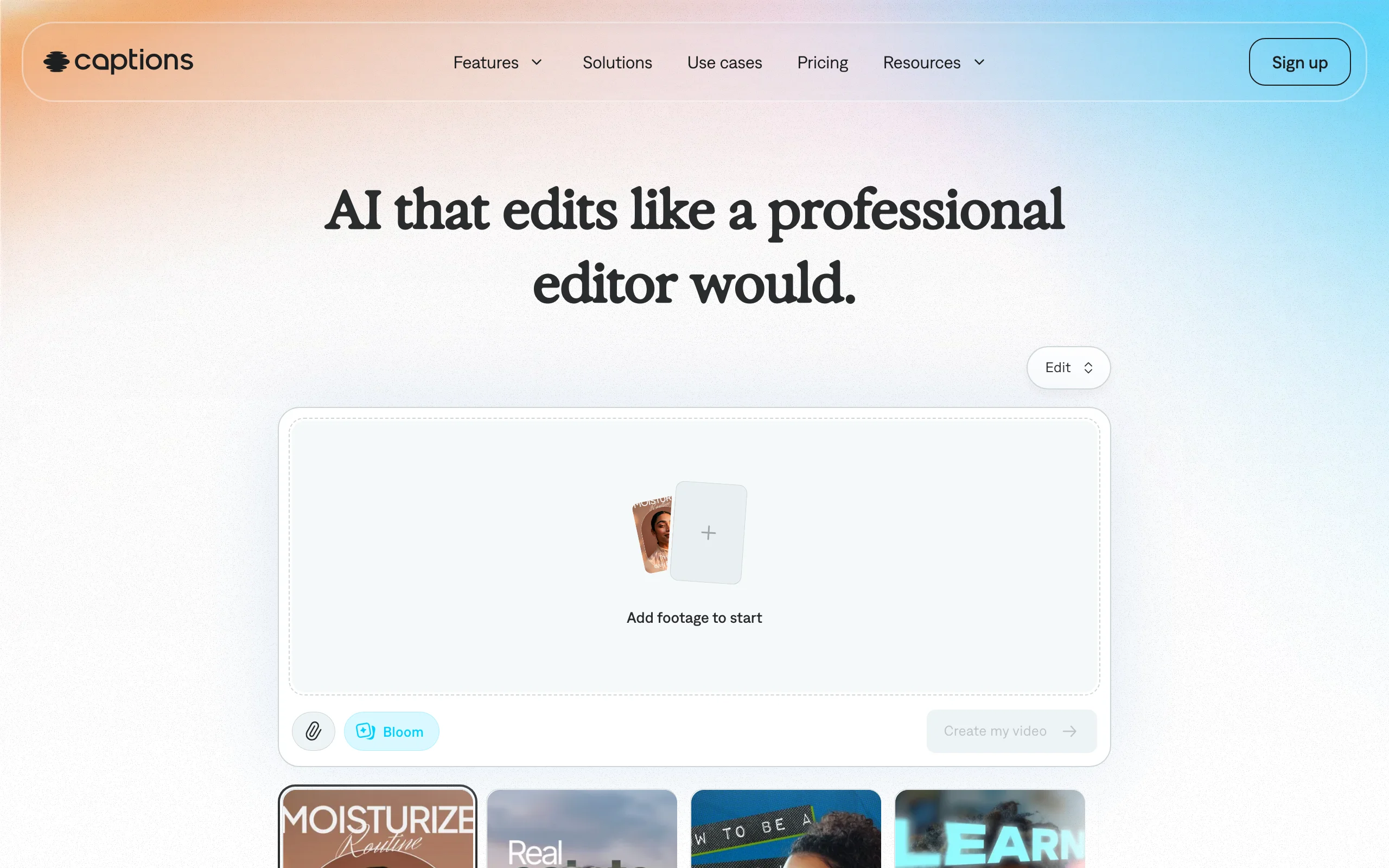 Captions homepage with an Add footage to start panel for creator-style edits