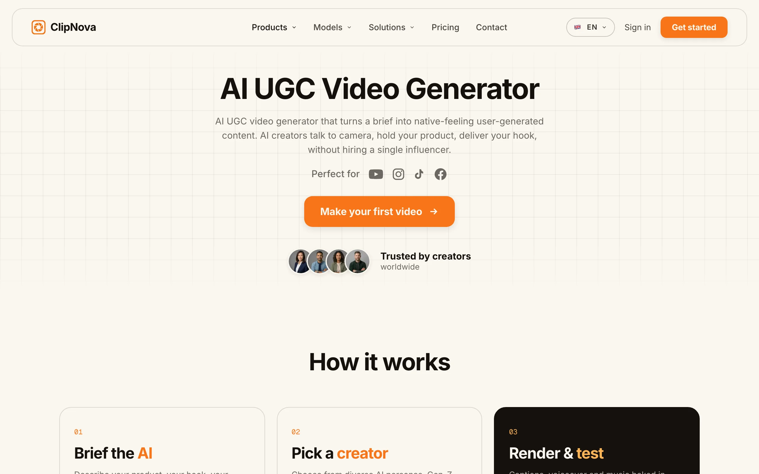AI UGC ads for Shopify with ClipNova, its AI UGC Video Generator page showing brief, creator and render steps