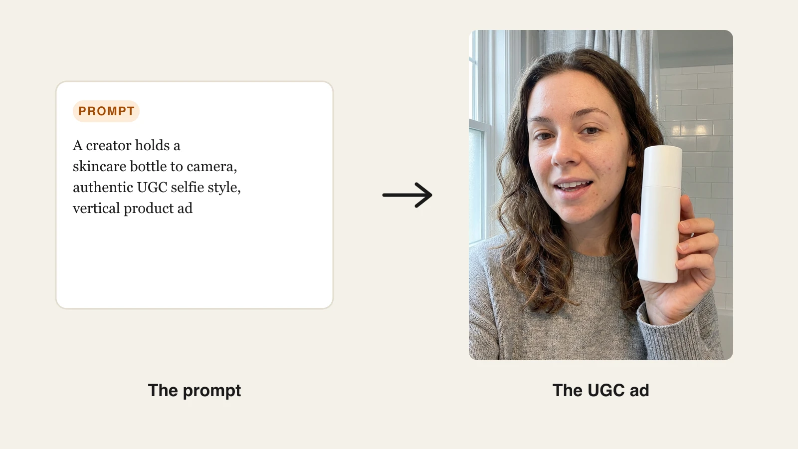 AI UGC ads for Shopify: a skincare bottle prompt turned into a selfie-style creator video ad in ClipNova