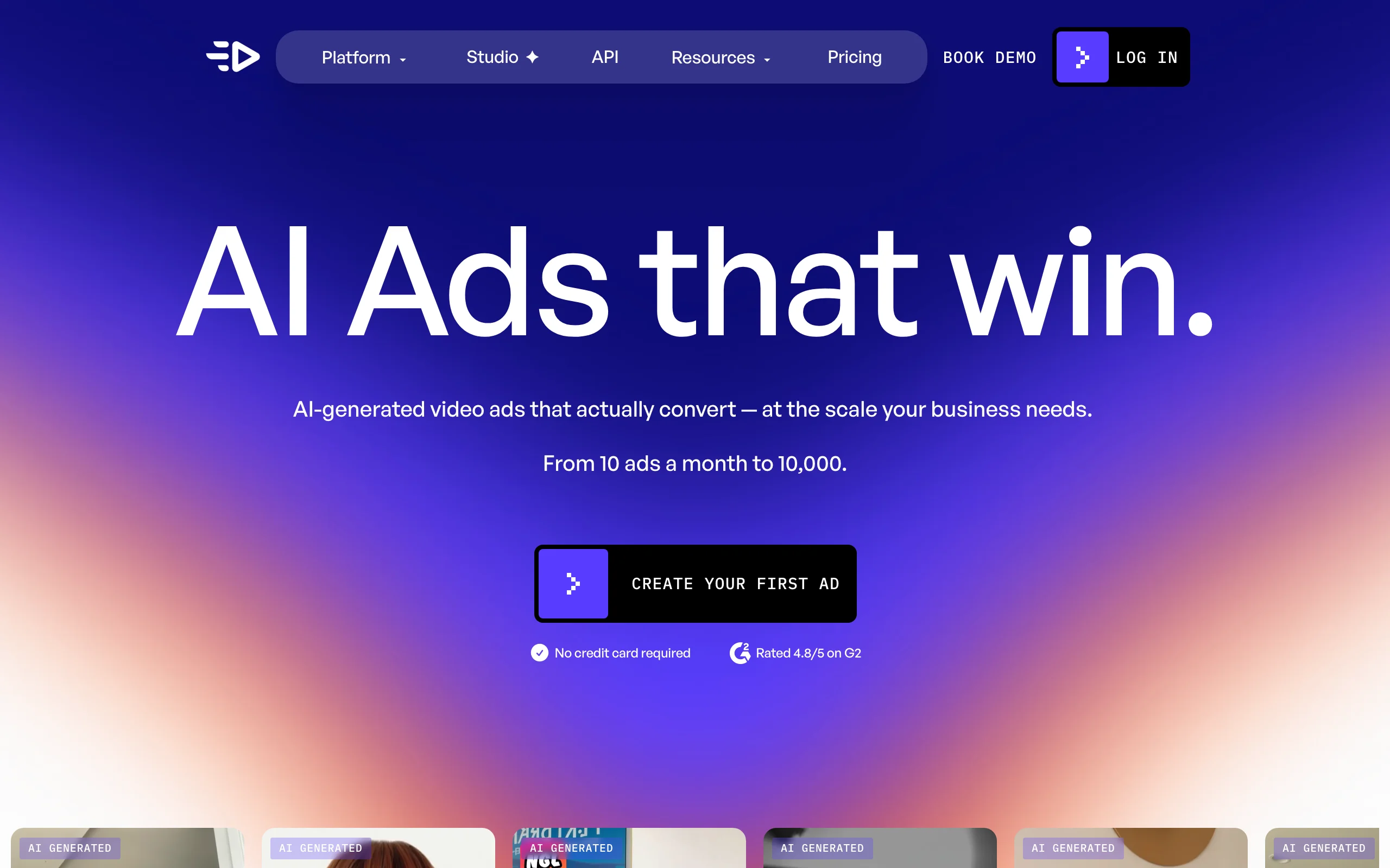 Creatify homepage, a Shopify UGC video ad maker that scales from 10 to 10,000 ads a month