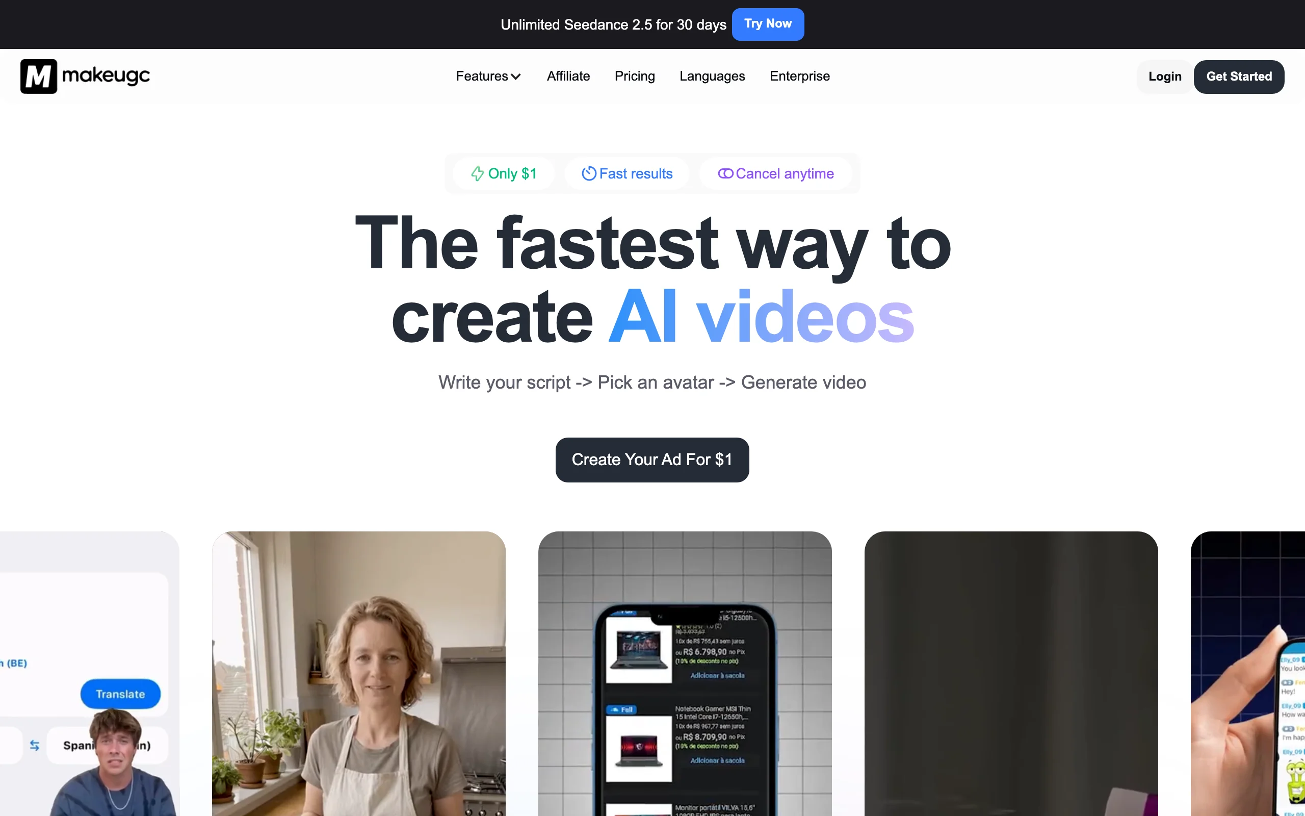 MakeUGC homepage, an AI actor ad creator with a write script, pick avatar, generate flow