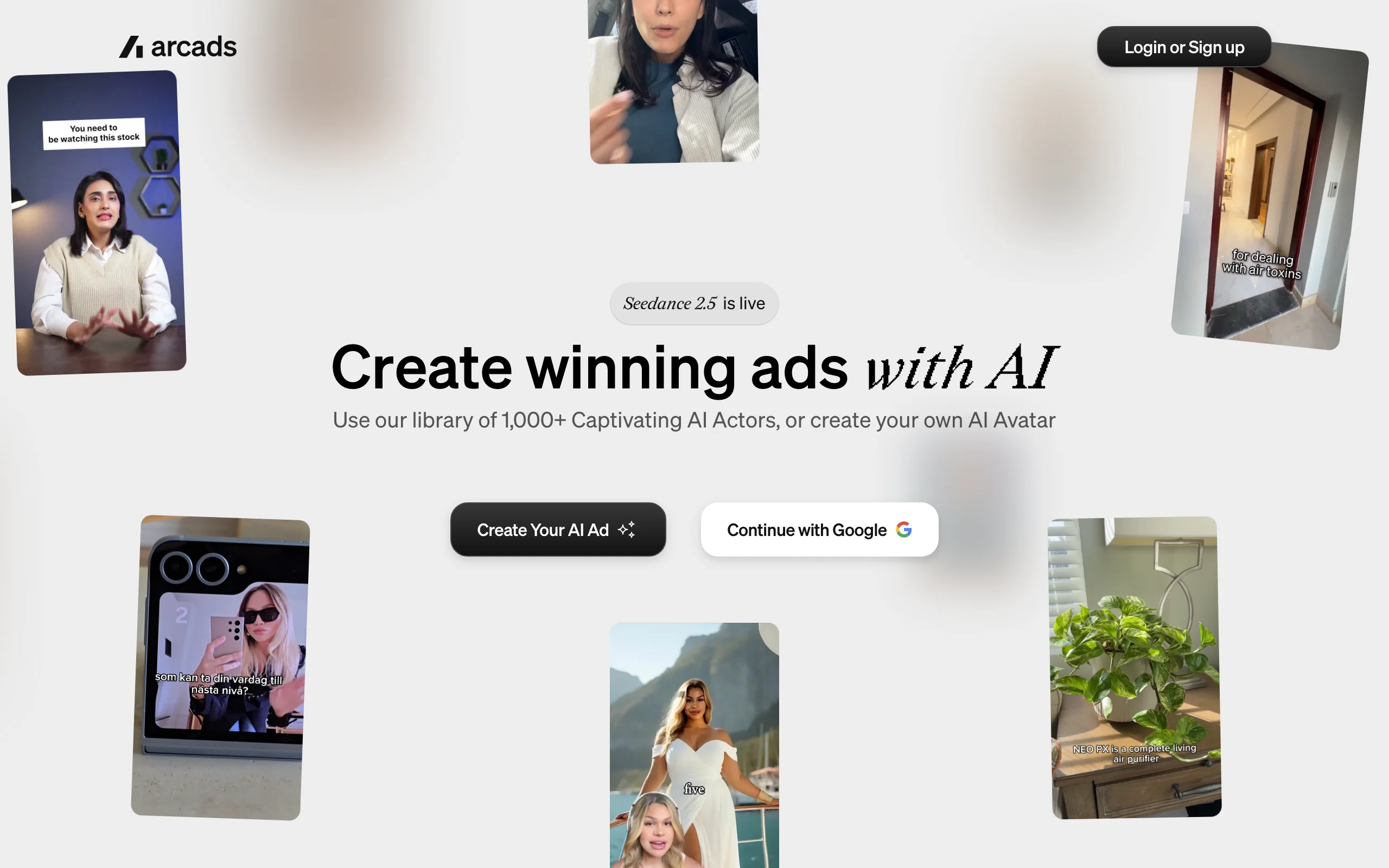 Arcads homepage with AI actor clips, a UGC ad generator known for actor realism