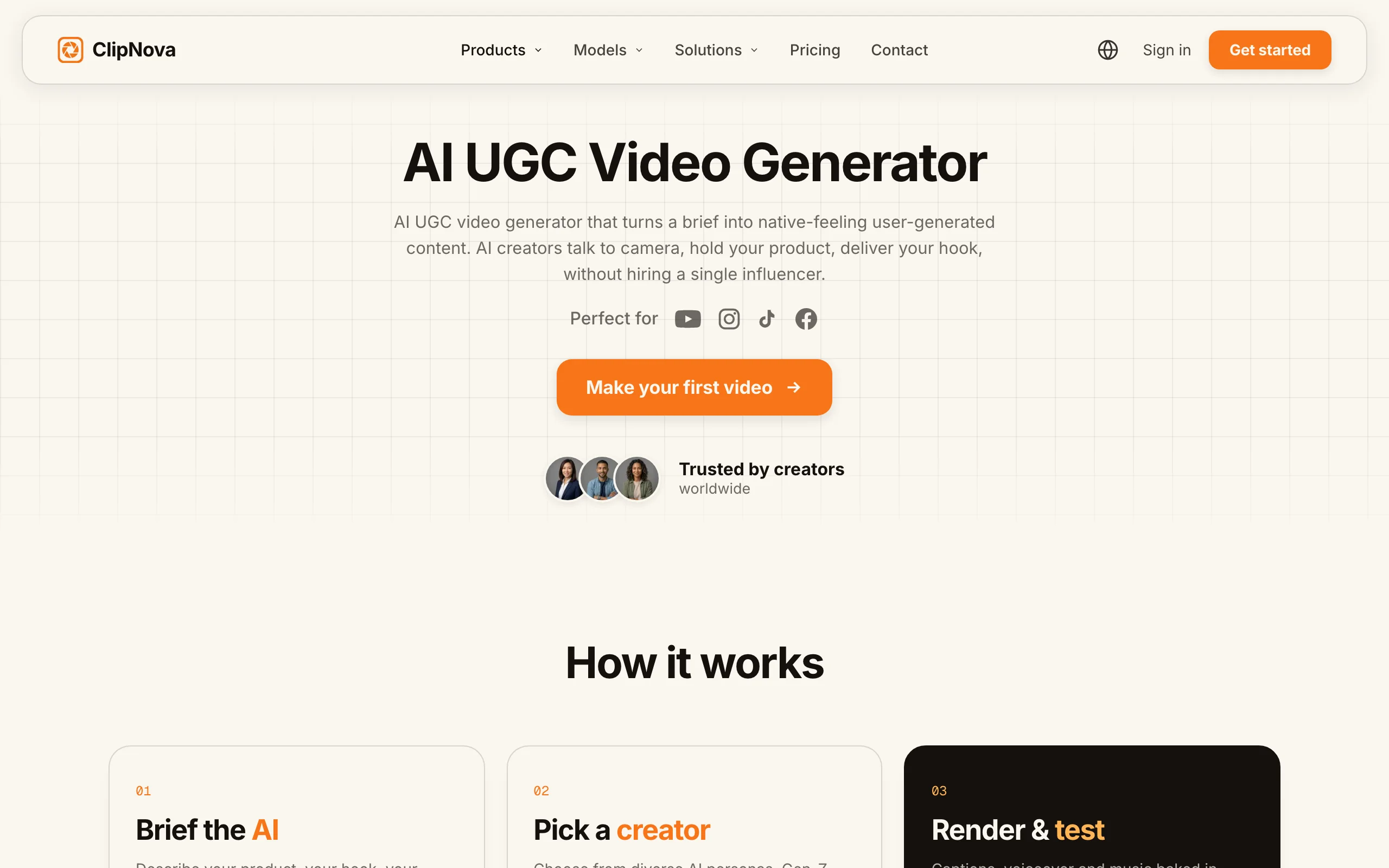 AI UGC ad generator ClipNova, its UGC video generator page with brief, creator, and render steps
