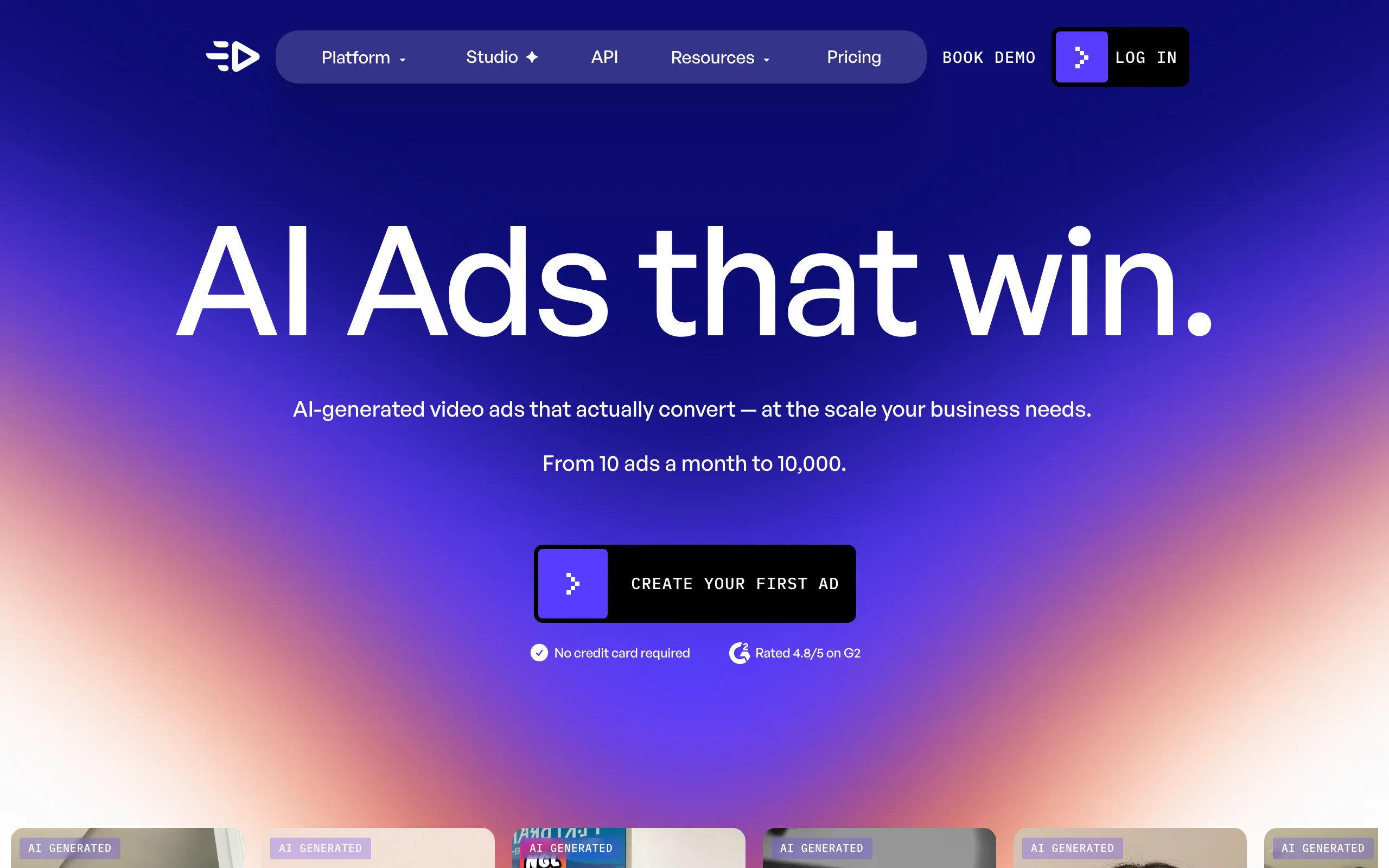 Creatify homepage, an AI tool that turns product URLs into UGC video ad batches