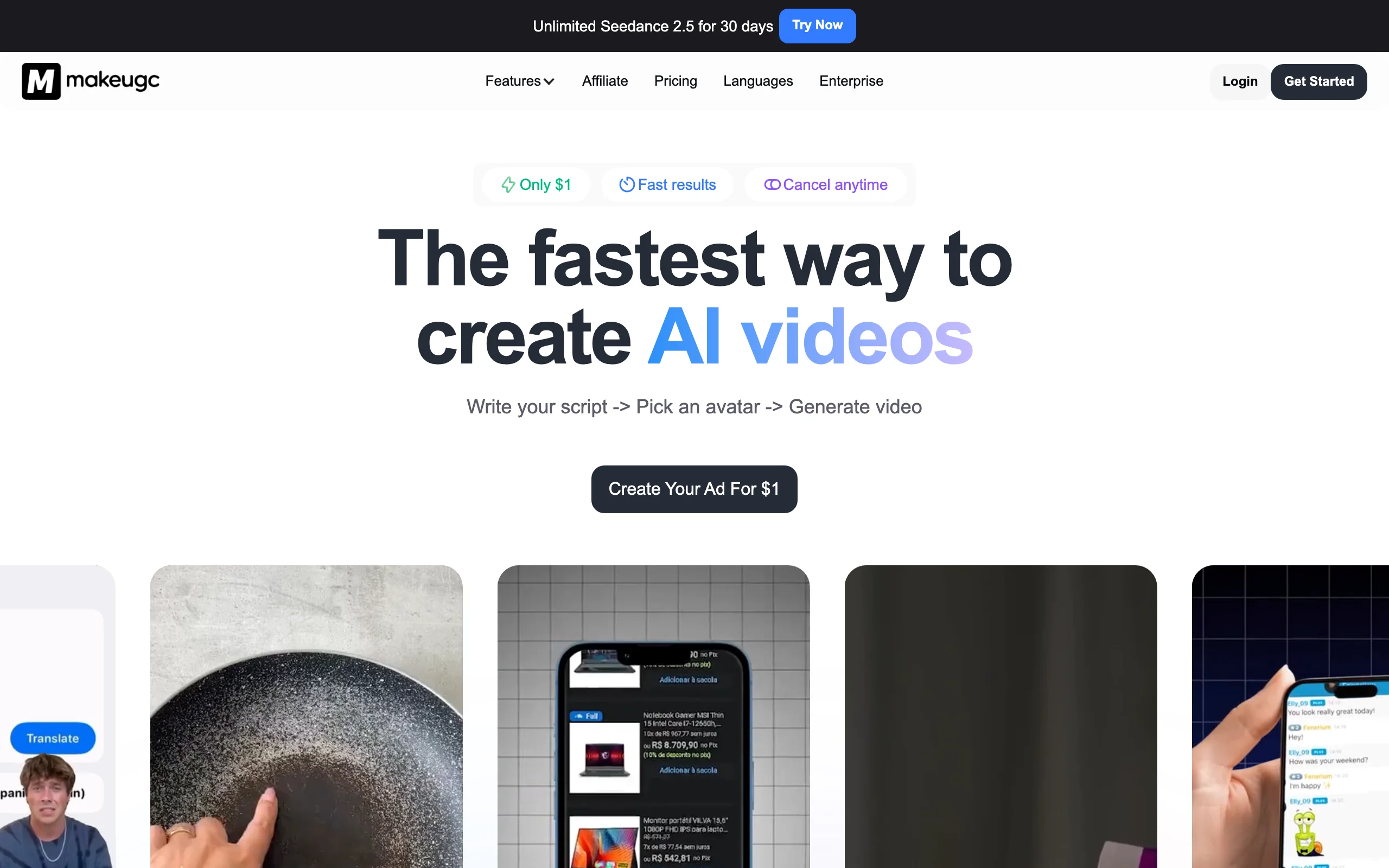 MakeUGC homepage, a UGC ads AI tool for product-in-hand videos at volume
