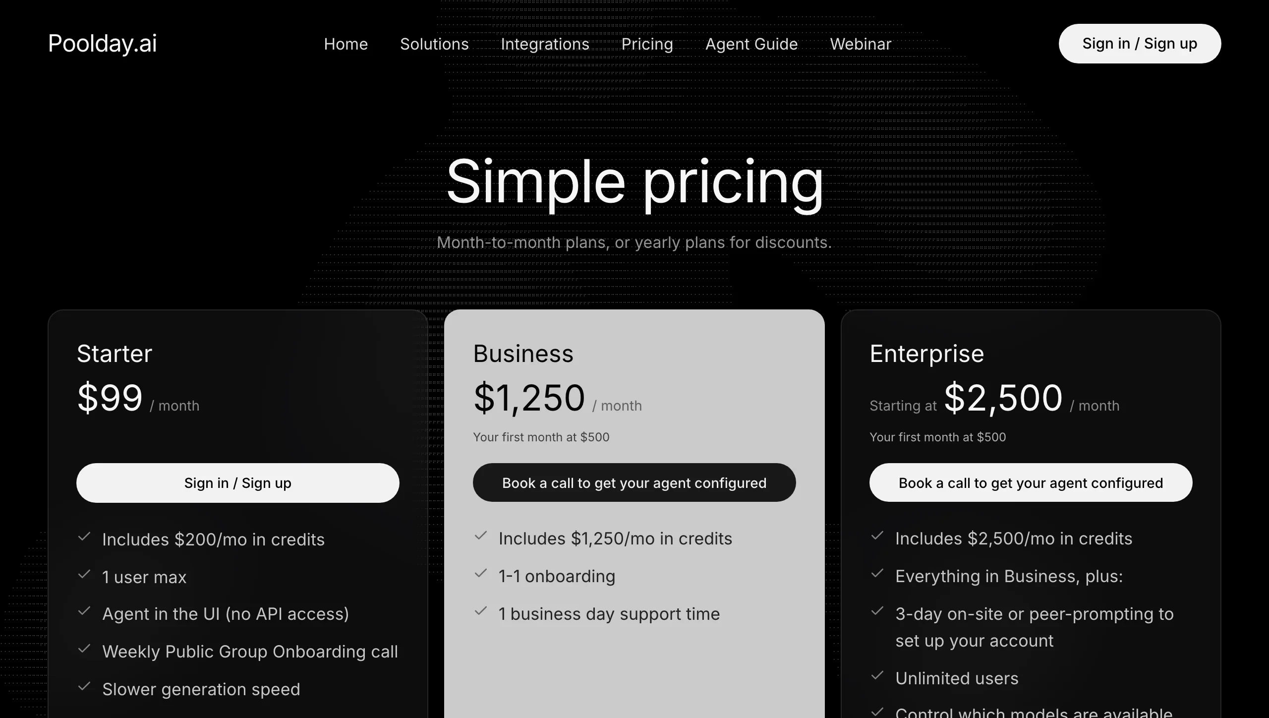 Poolday pricing page with Starter, Business, and Enterprise agent plans