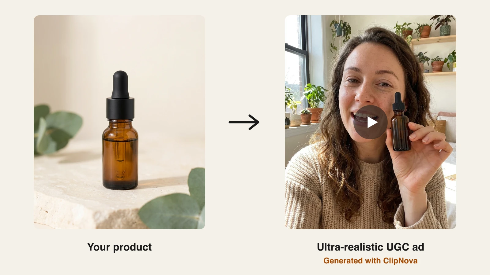 AI UGC ad generator: a vitamin C serum bottle turned into a talking-creator UGC ad frame with ClipNova