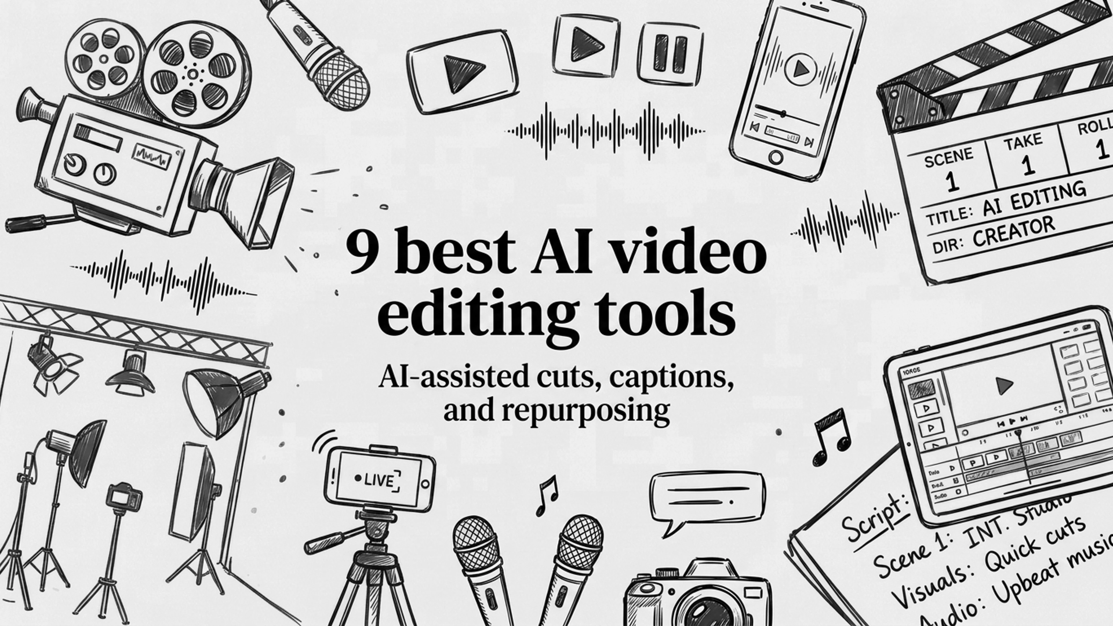 Best AI video editing tools: a sketched illustration of cameras, a clapperboard, mics and a script around the title