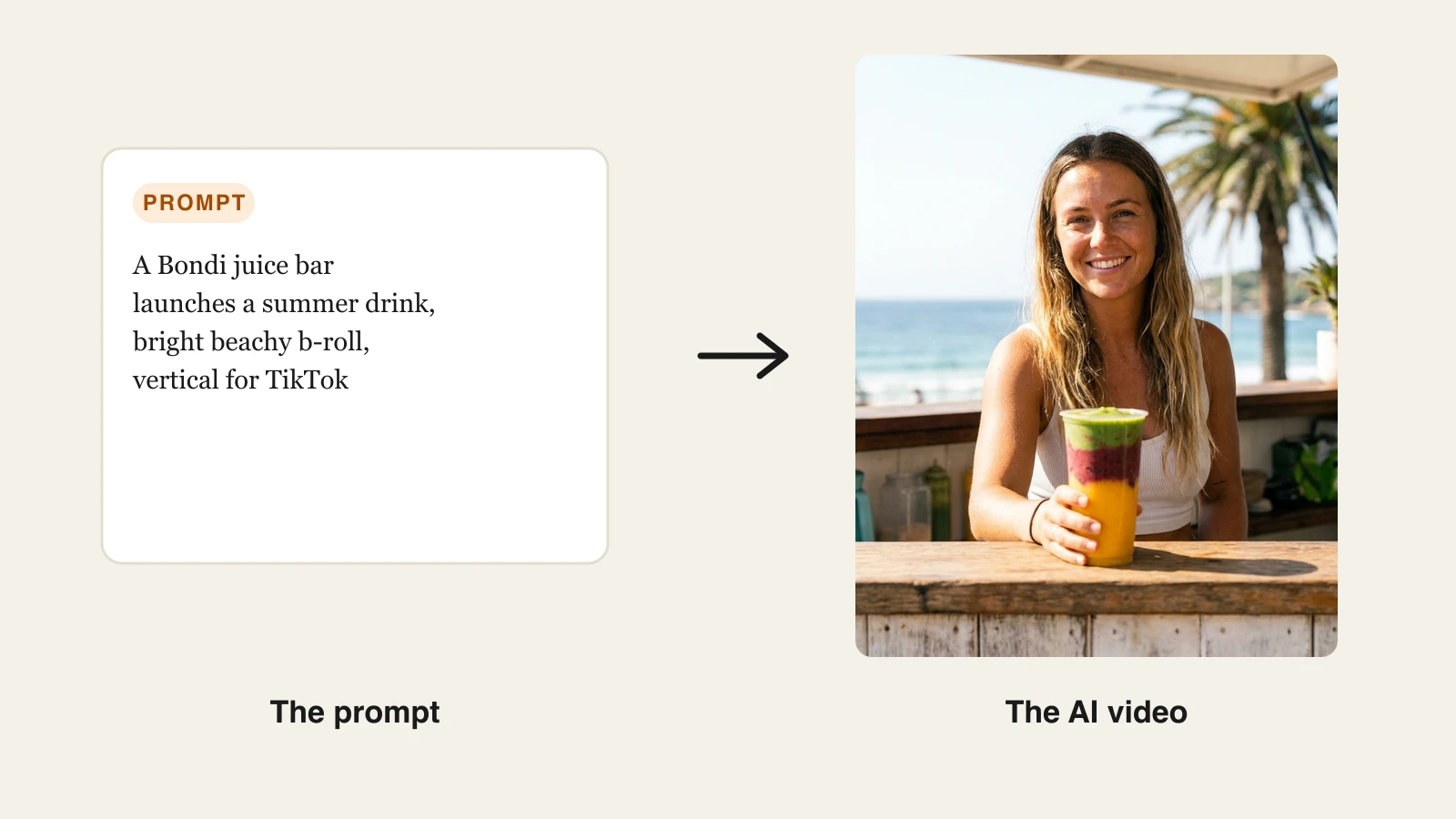 Best AI video generators Australia: a Bondi juice bar prompt turned into a beachside vertical TikTok video