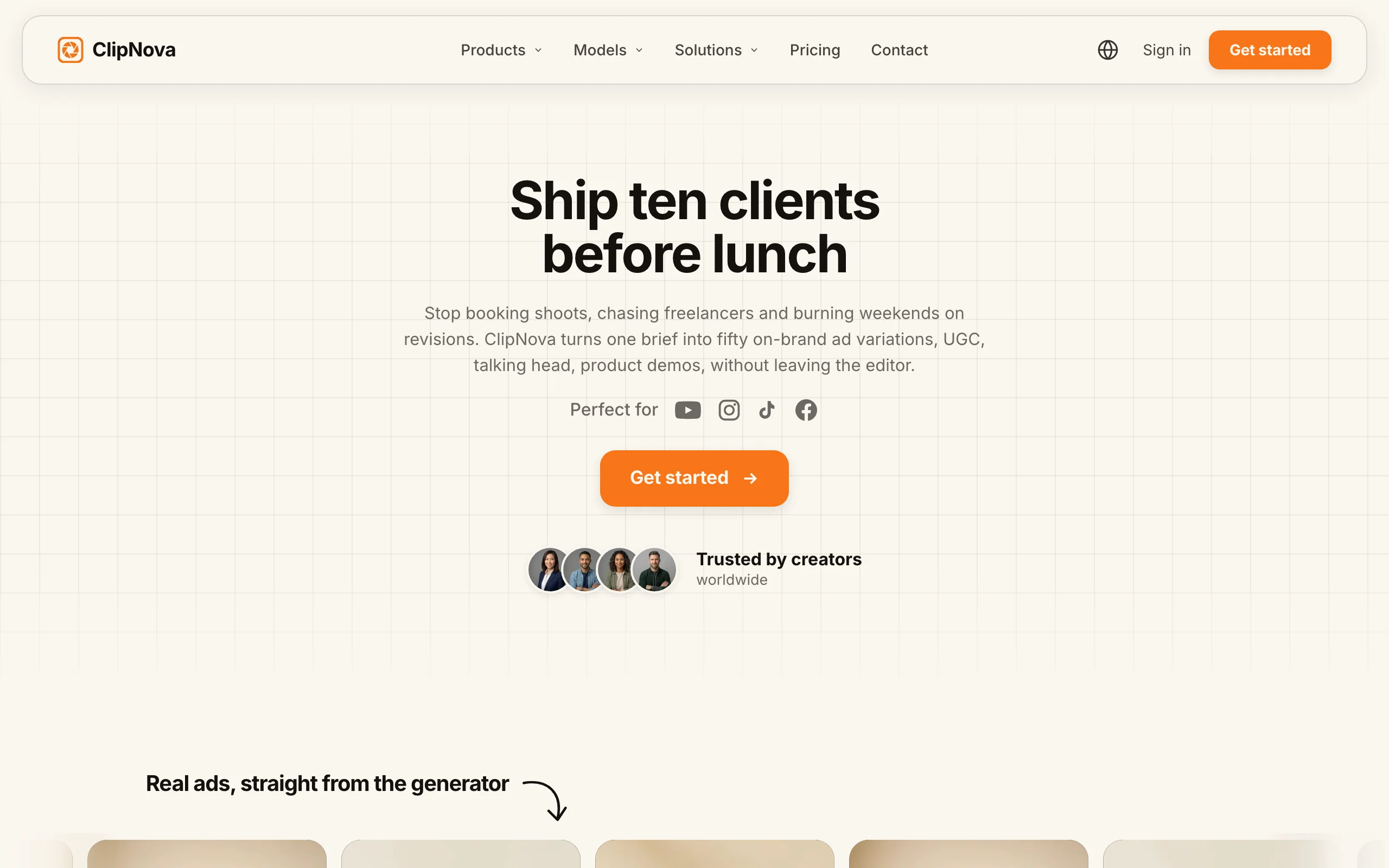 AI video generator for agencies ClipNova, its Ship ten clients before lunch page for brief-to-ad production