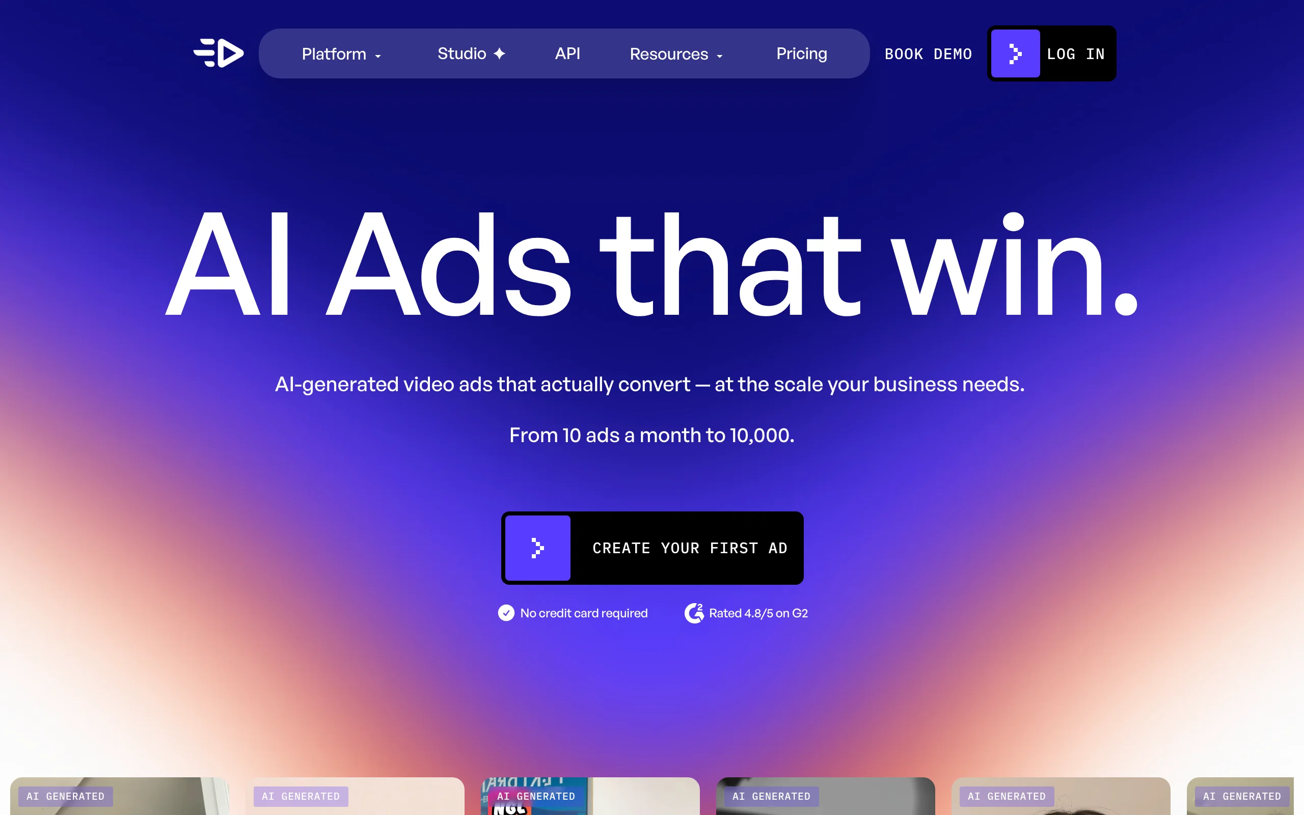 Creatify homepage, an AI ad platform with white label options for agency clients