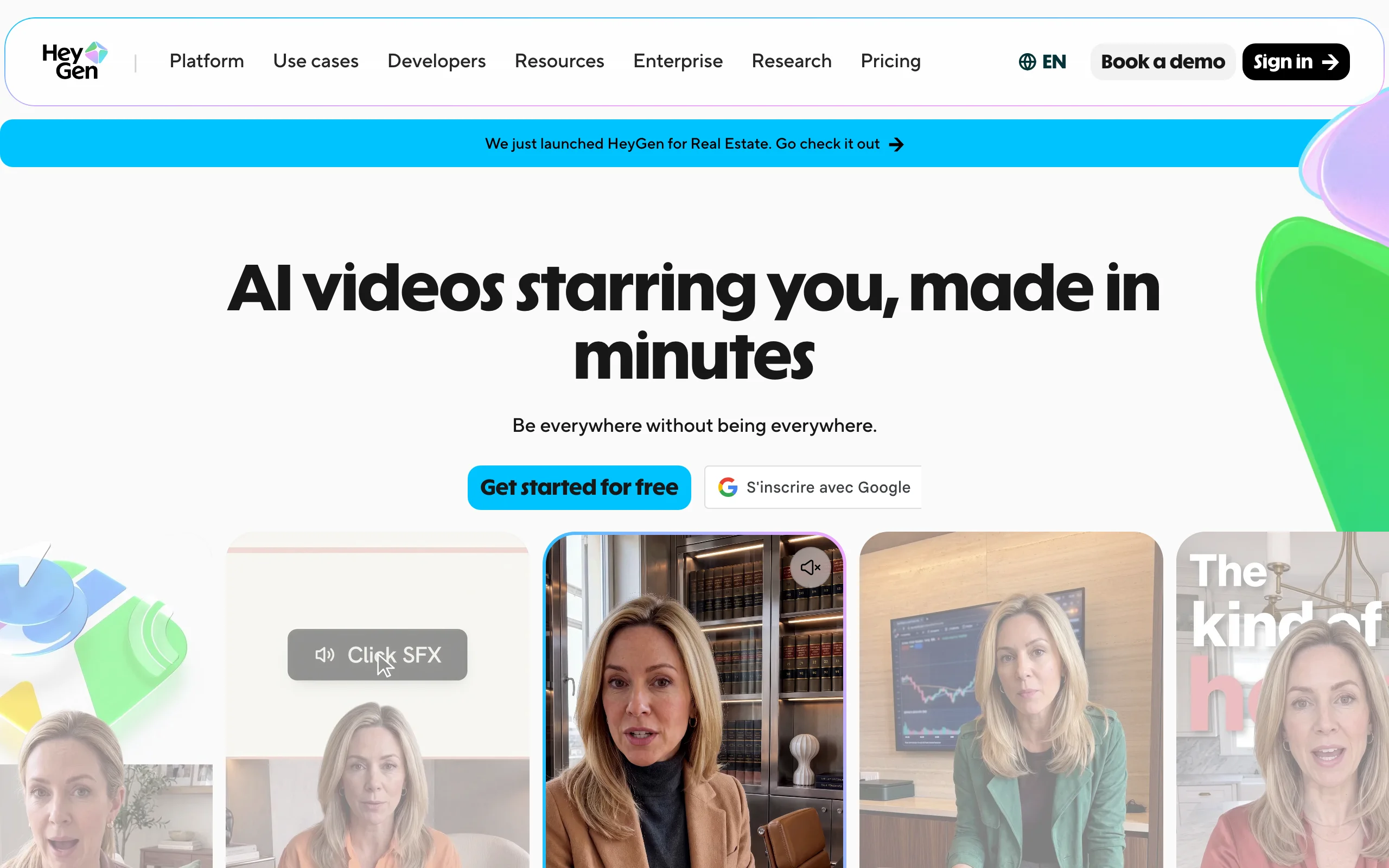 HeyGen homepage with AI presenters for client spokesperson and localized videos