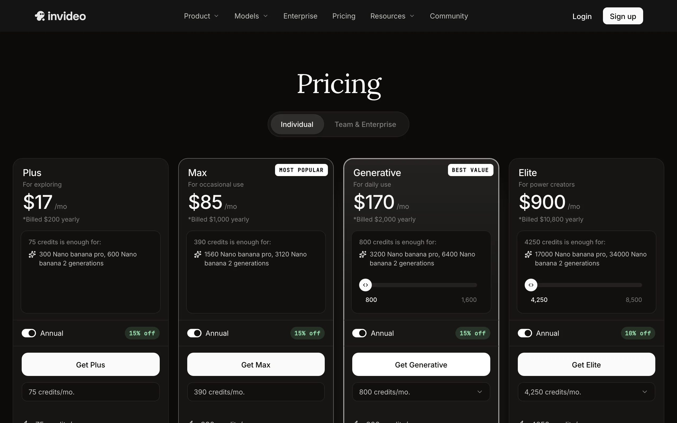 InVideo AI pricing page with four plans, a budget tool for template social retainers