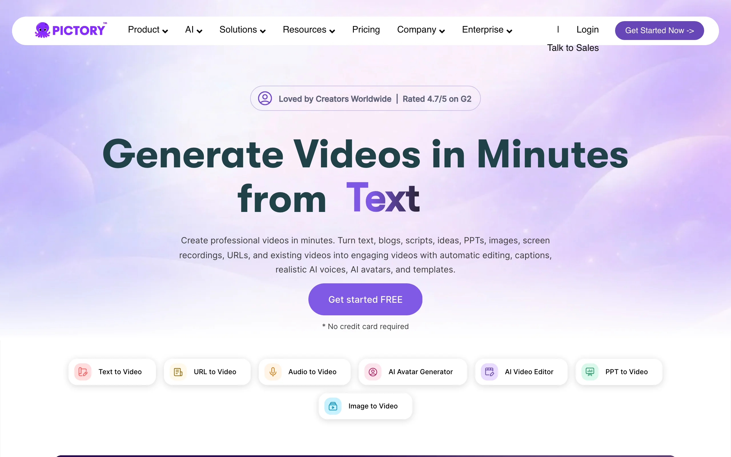 Pictory homepage with text, URL, and audio to video options for repurposing