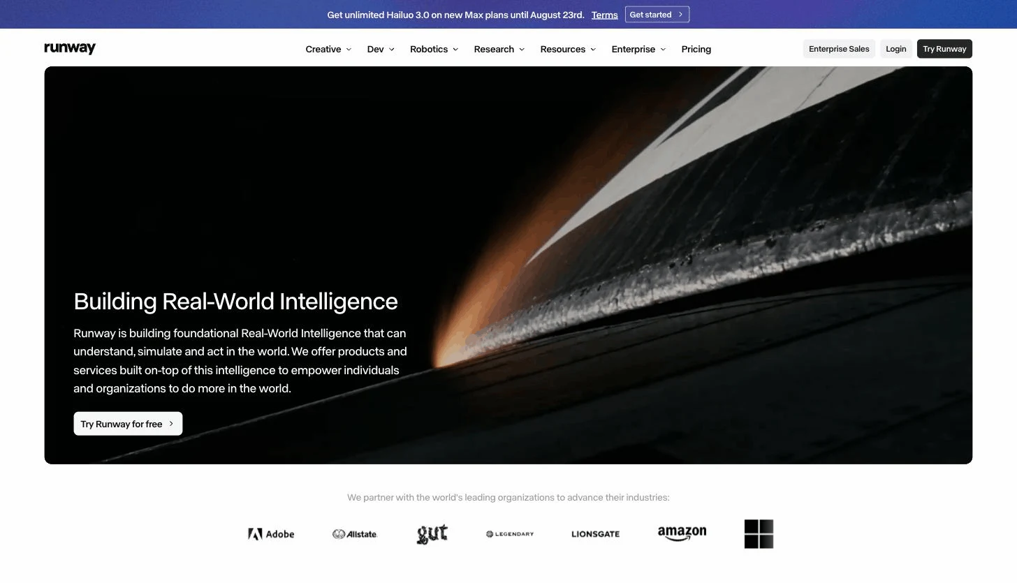 Runway homepage with a dark cinematic hero, used for premium campaign footage