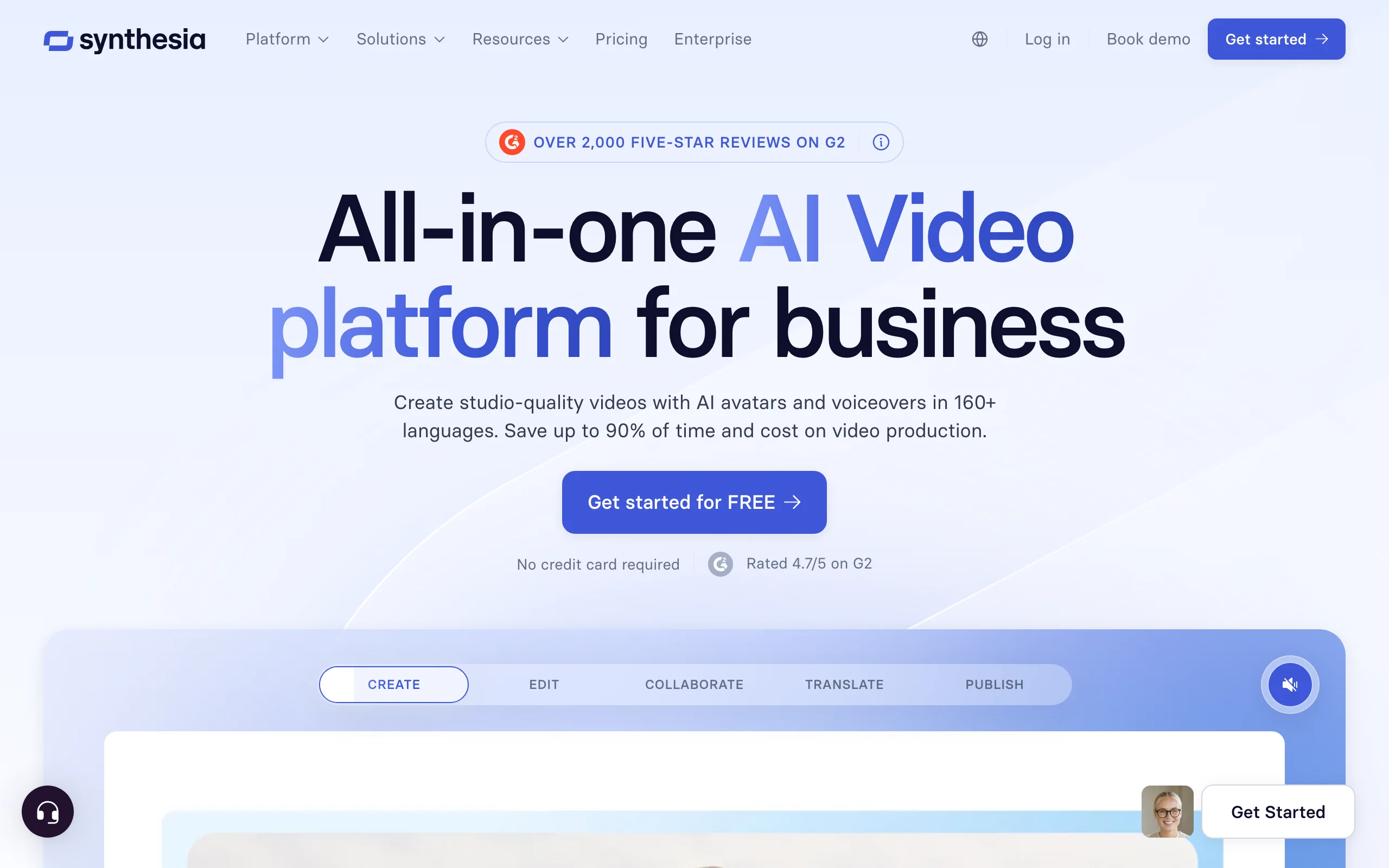 Synthesia homepage, an AI avatar platform for corporate and training client work