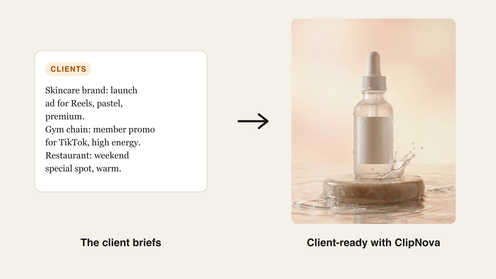 AI video generator for agencies: three client briefs turned into a pastel skincare serum ad frame by ClipNova