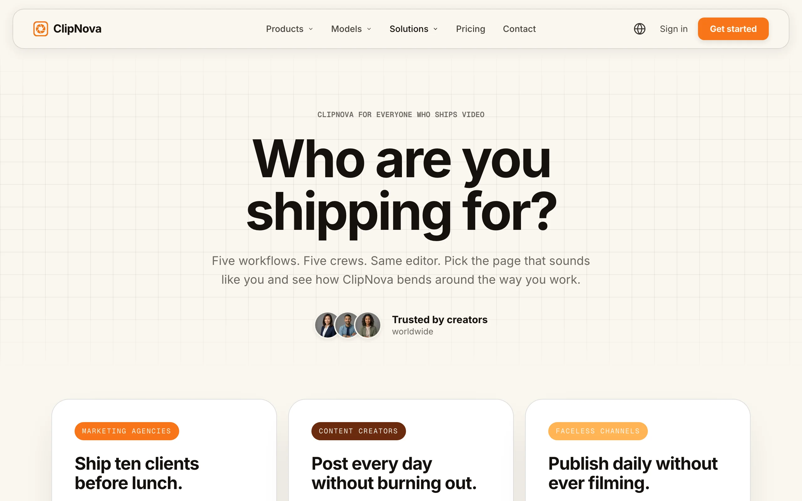 Best AI video generator for business ClipNova, its Who are you shipping for page with workflows by team type