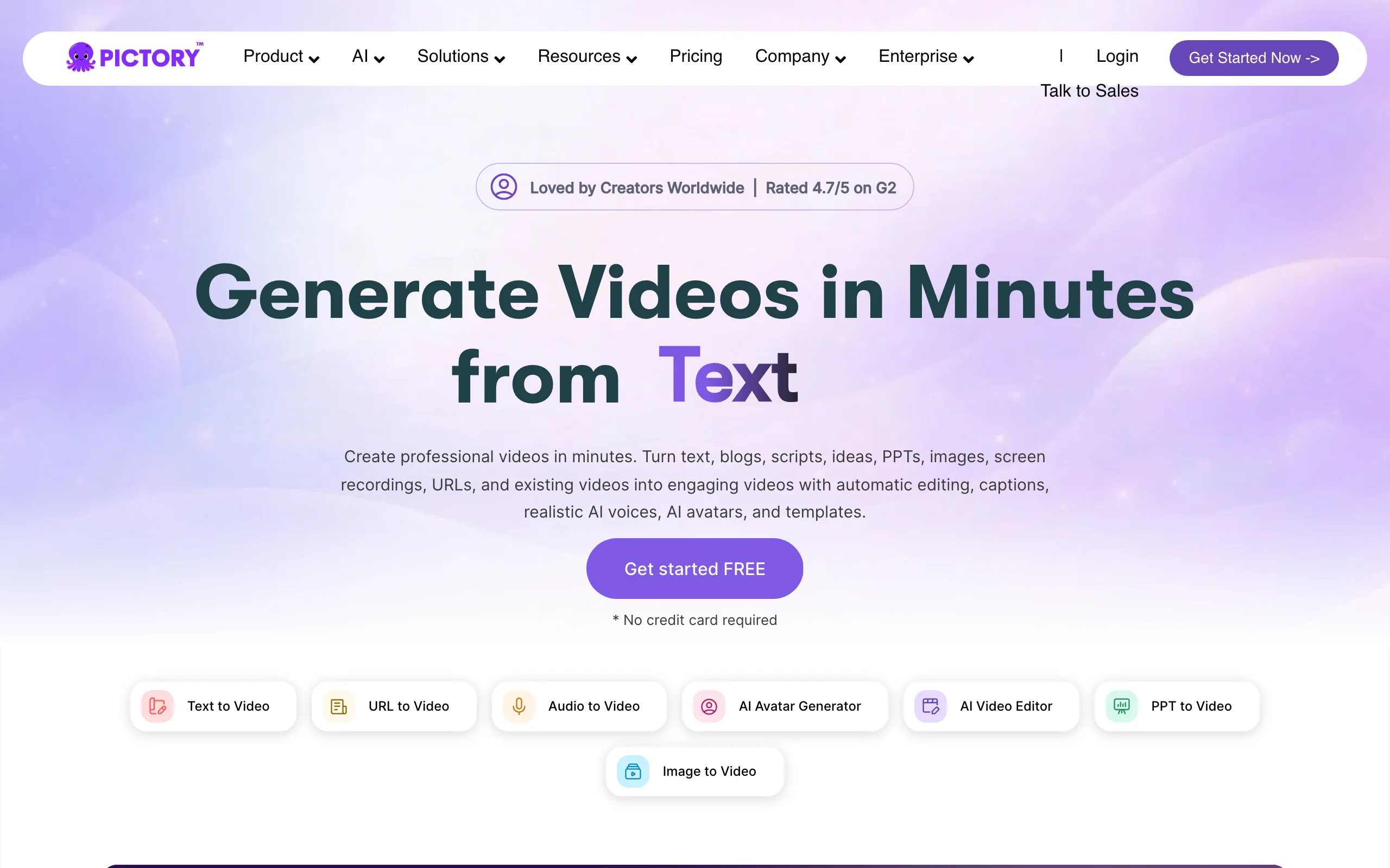 Pictory homepage, an AI video maker for turning blogs, webinars and URLs into videos