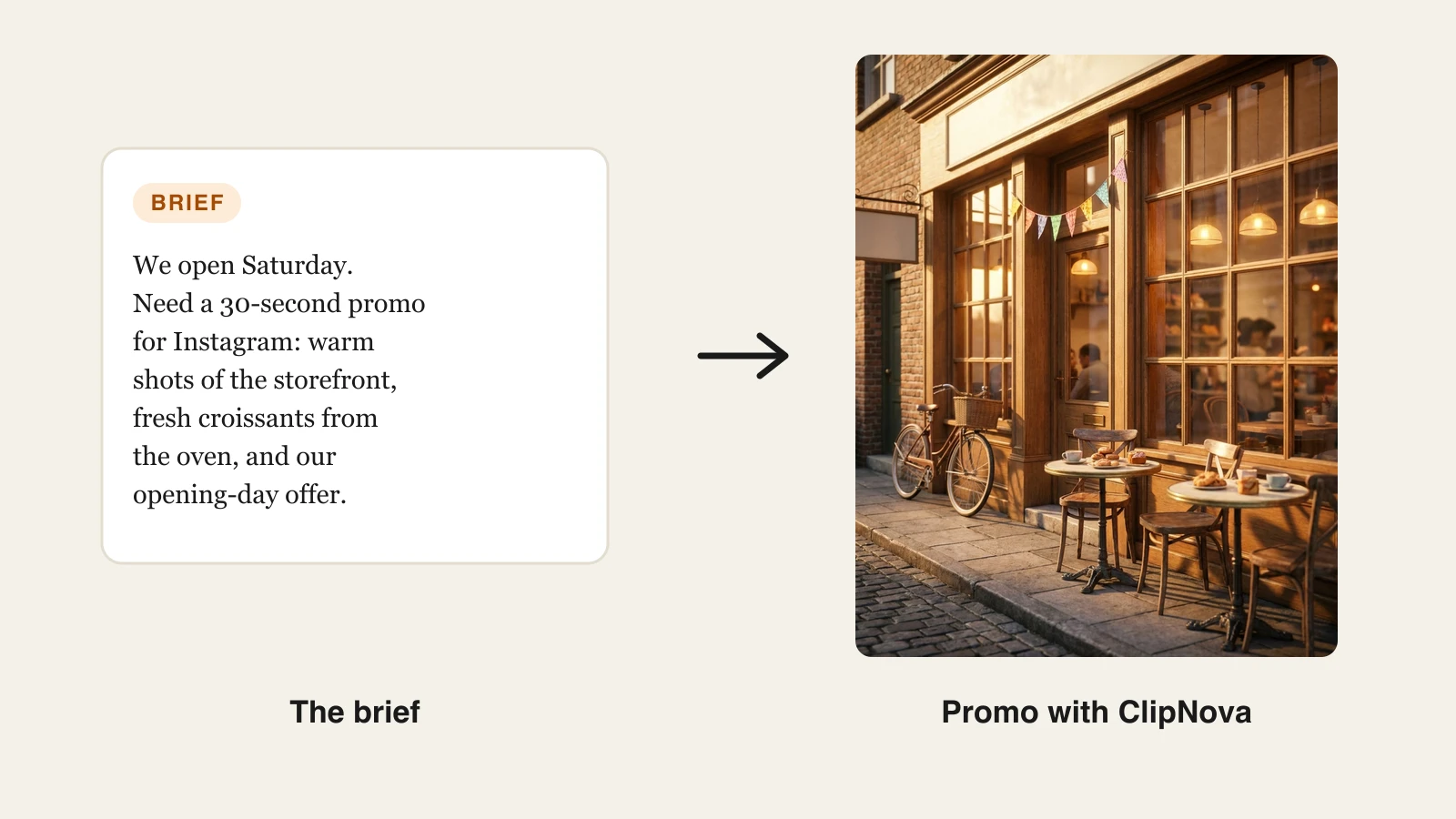 Best AI video generator for business: a bakery grand-opening brief turned into a storefront promo video in ClipNova