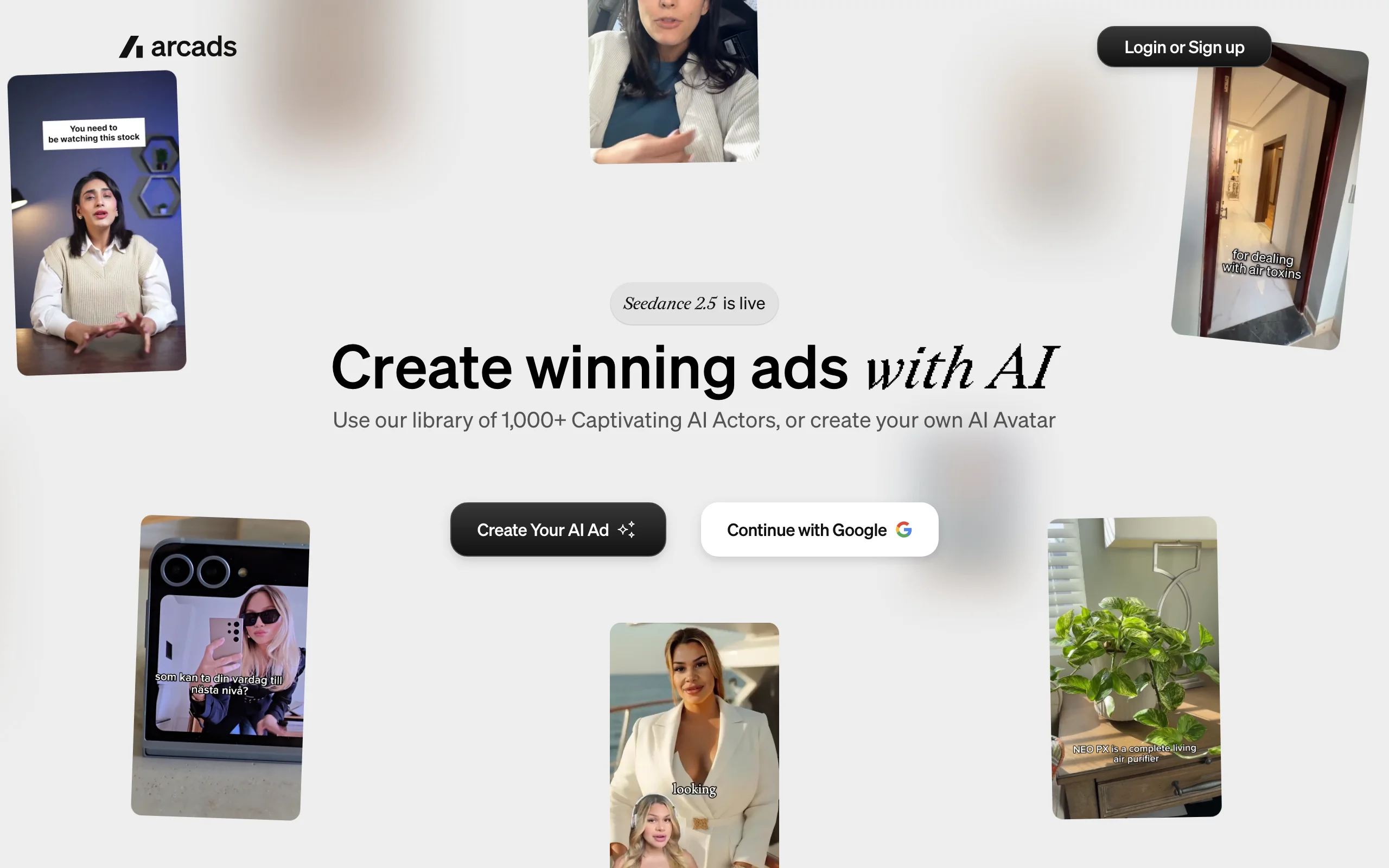 Arcads homepage with AI actor ad examples for UGC product ads