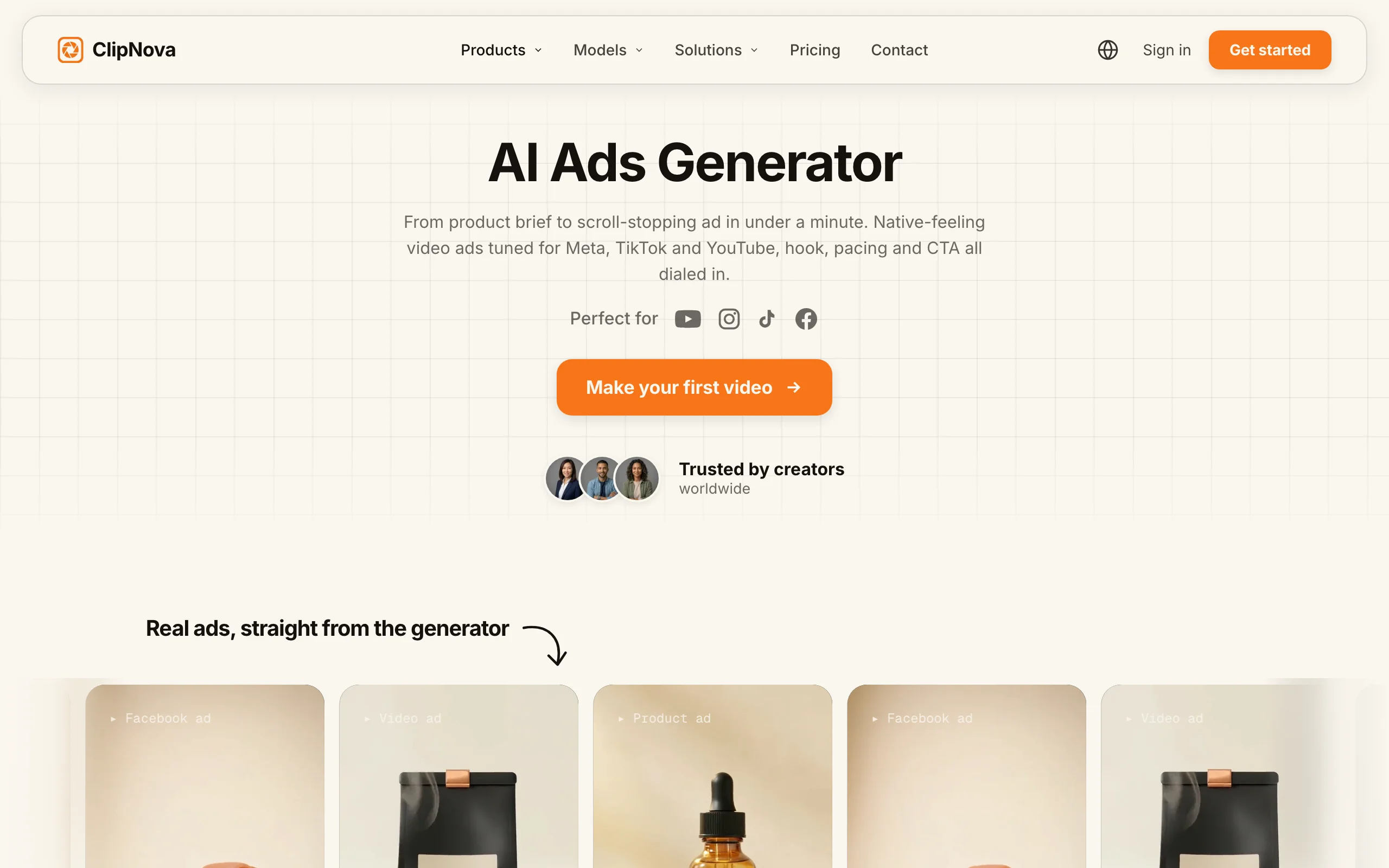 AI video generator for ecommerce ClipNova, its AI ads generator page with real product ad examples