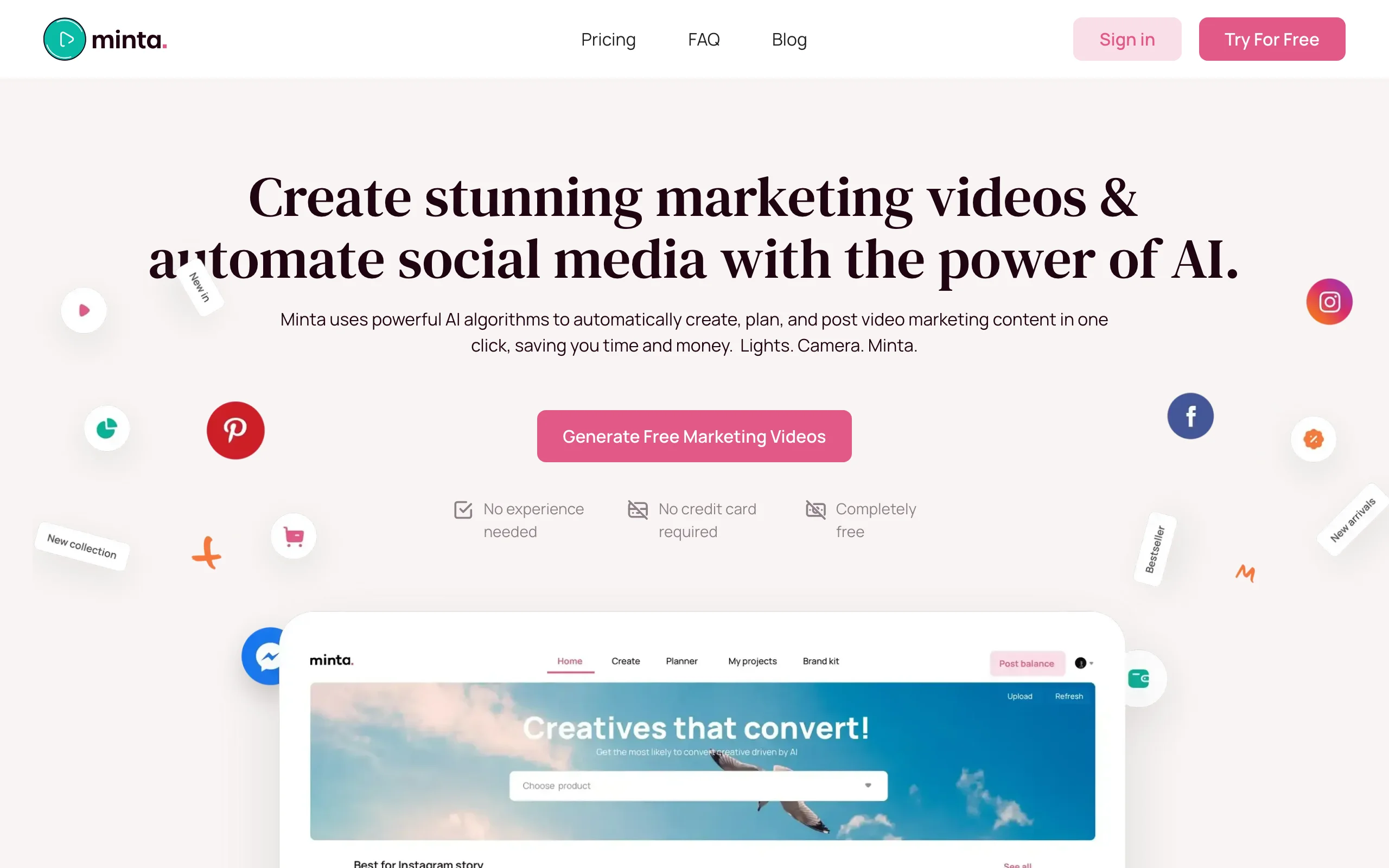 Minta homepage, a Shopify product video app that automates marketing videos