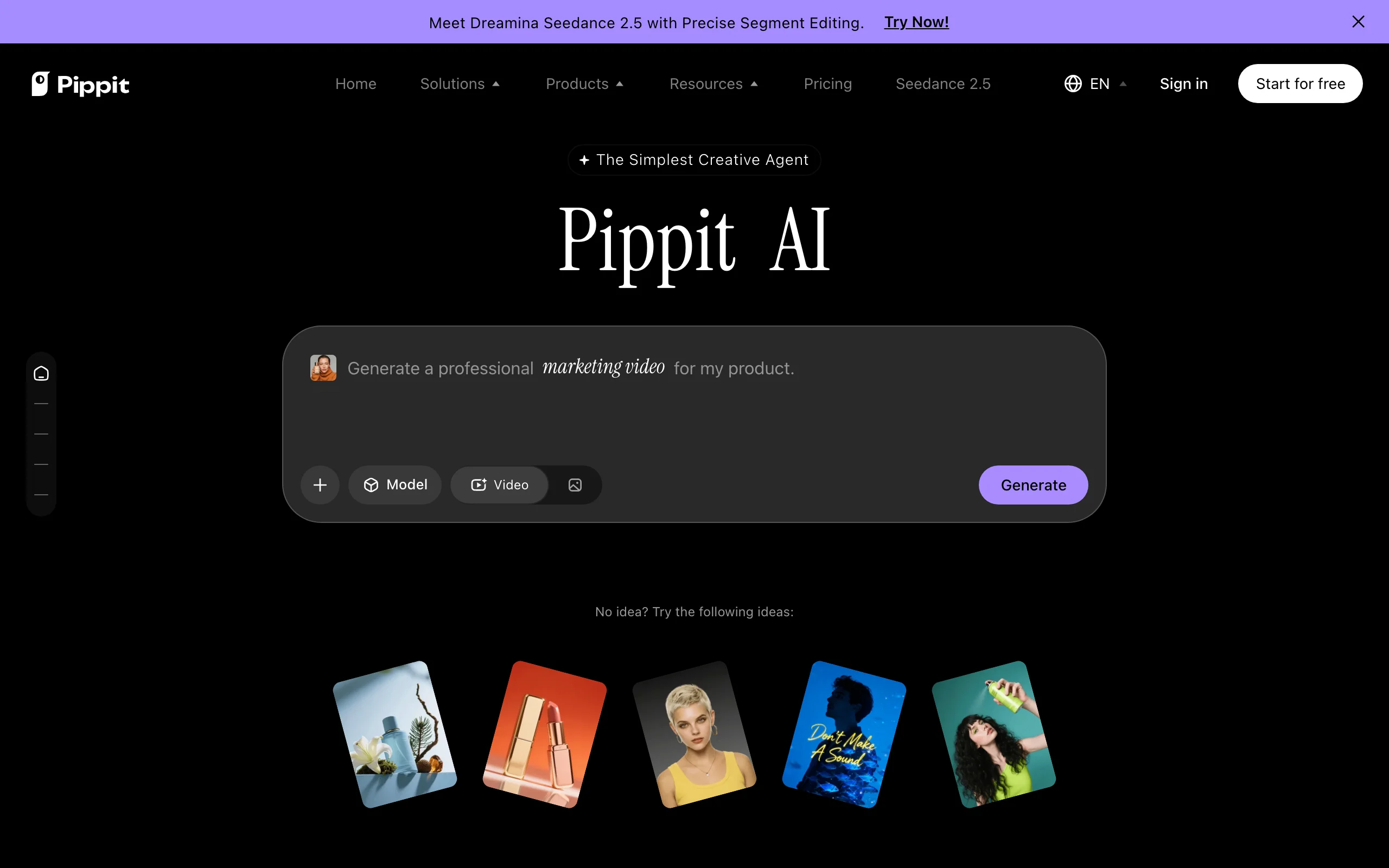 Pippit AI homepage with a marketing video prompt box, built for TikTok Shop sellers