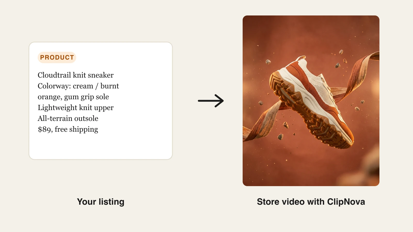 AI video generator for ecommerce: a knit trail sneaker listing turned into a store ad video frame by ClipNova