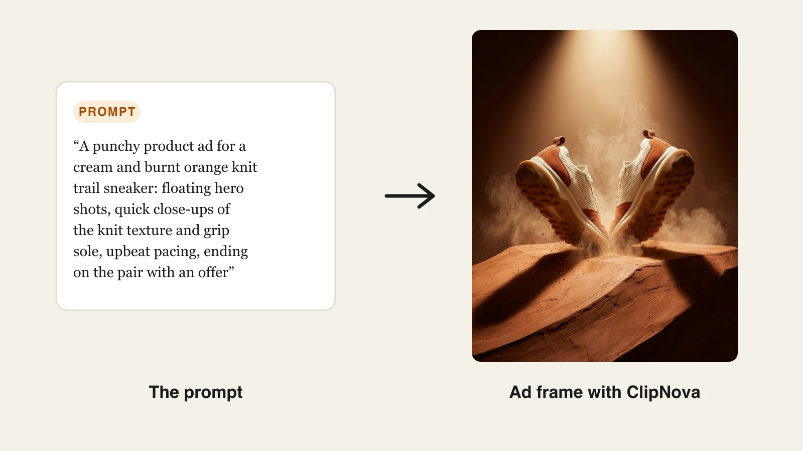 Shopify product video AI prompt for a sneaker ad next to the floating sneaker ad frame ClipNova made