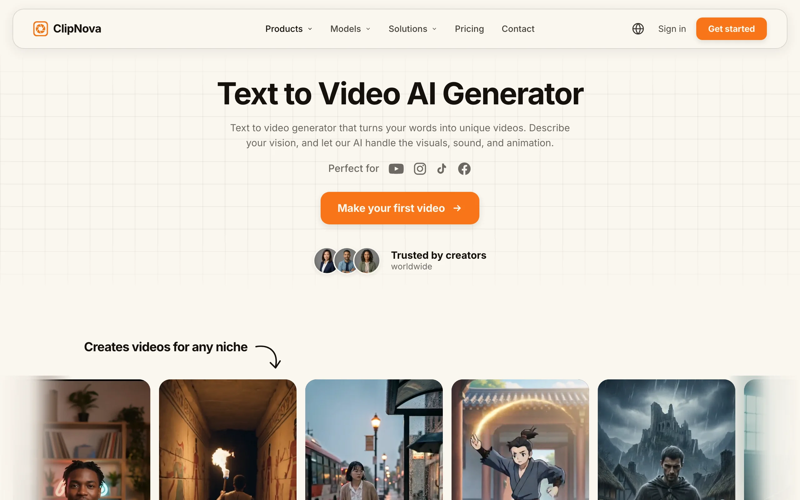 AI video generator for real estate ClipNova, its text to video page with example clips for many niches