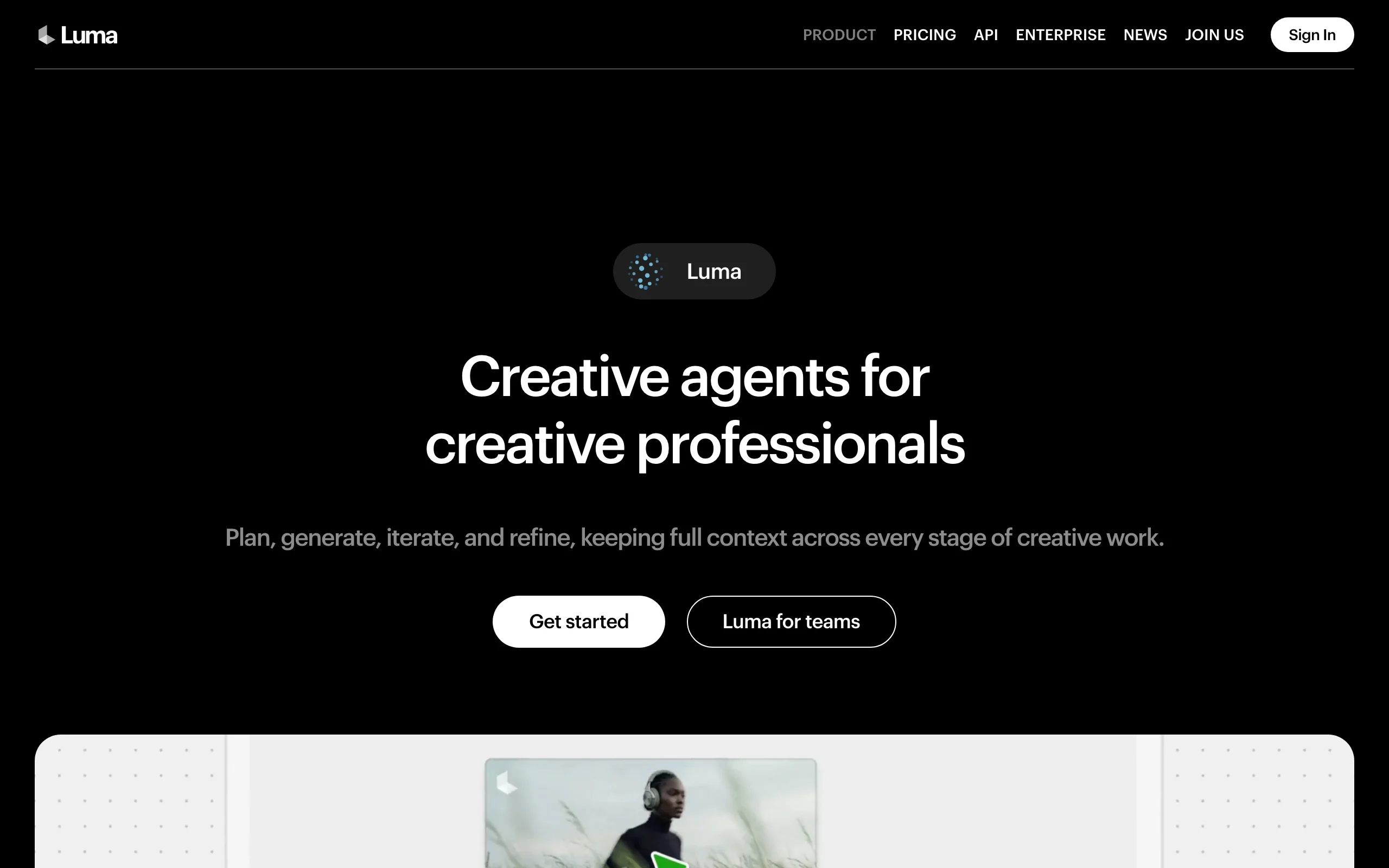 Luma homepage presenting creative agents, used for cinematic image-to-video from listing photos