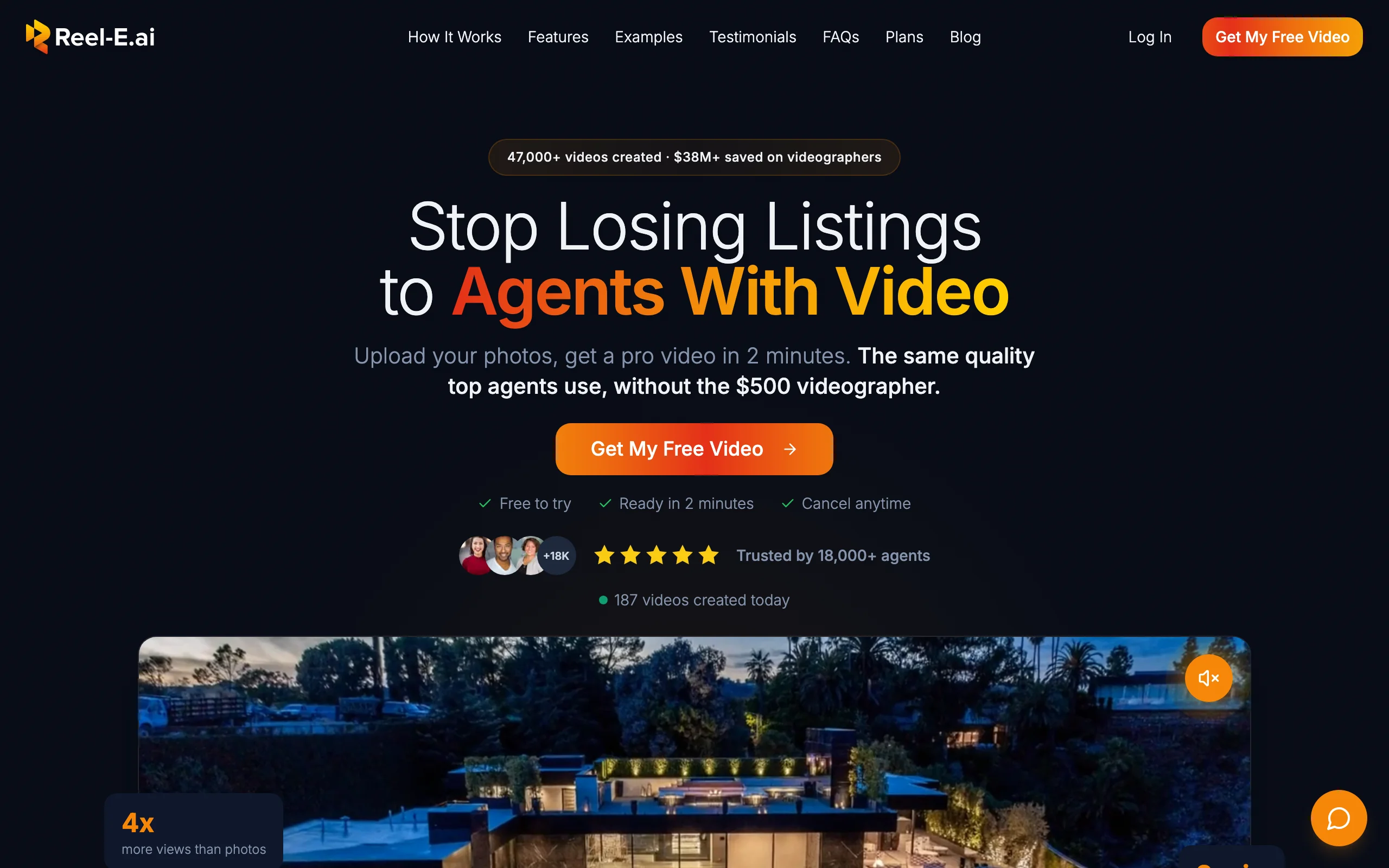 Reel-E homepage promising pro property videos from uploaded photos for real estate agents