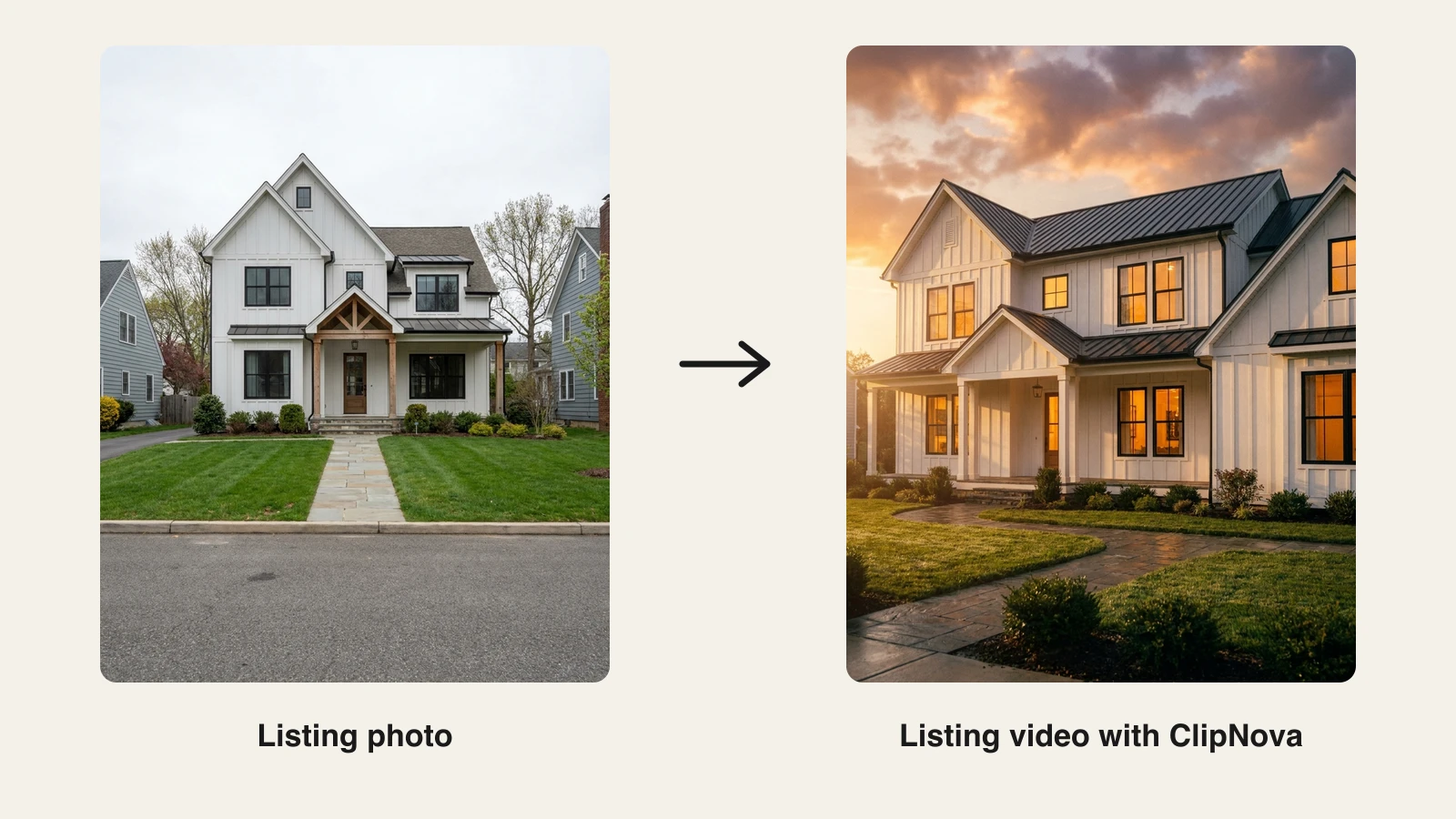 AI video generator for real estate: a plain farmhouse listing photo turned into a golden-hour listing video in ClipNova