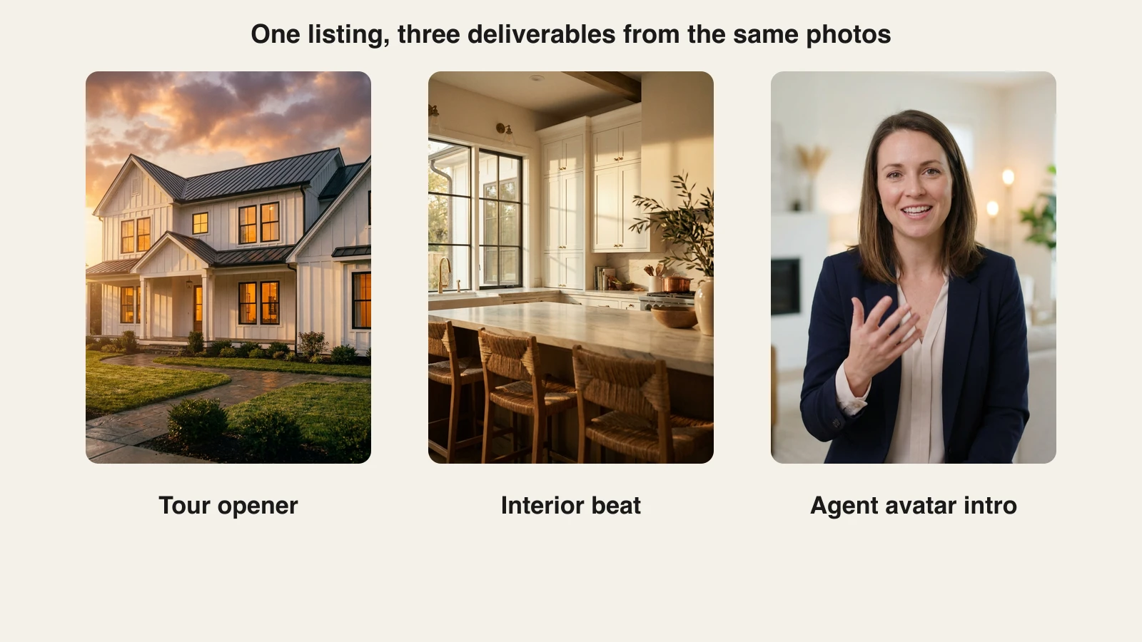 Listing video maker results in ClipNova: tour opener, warm kitchen interior beat and an agent avatar intro