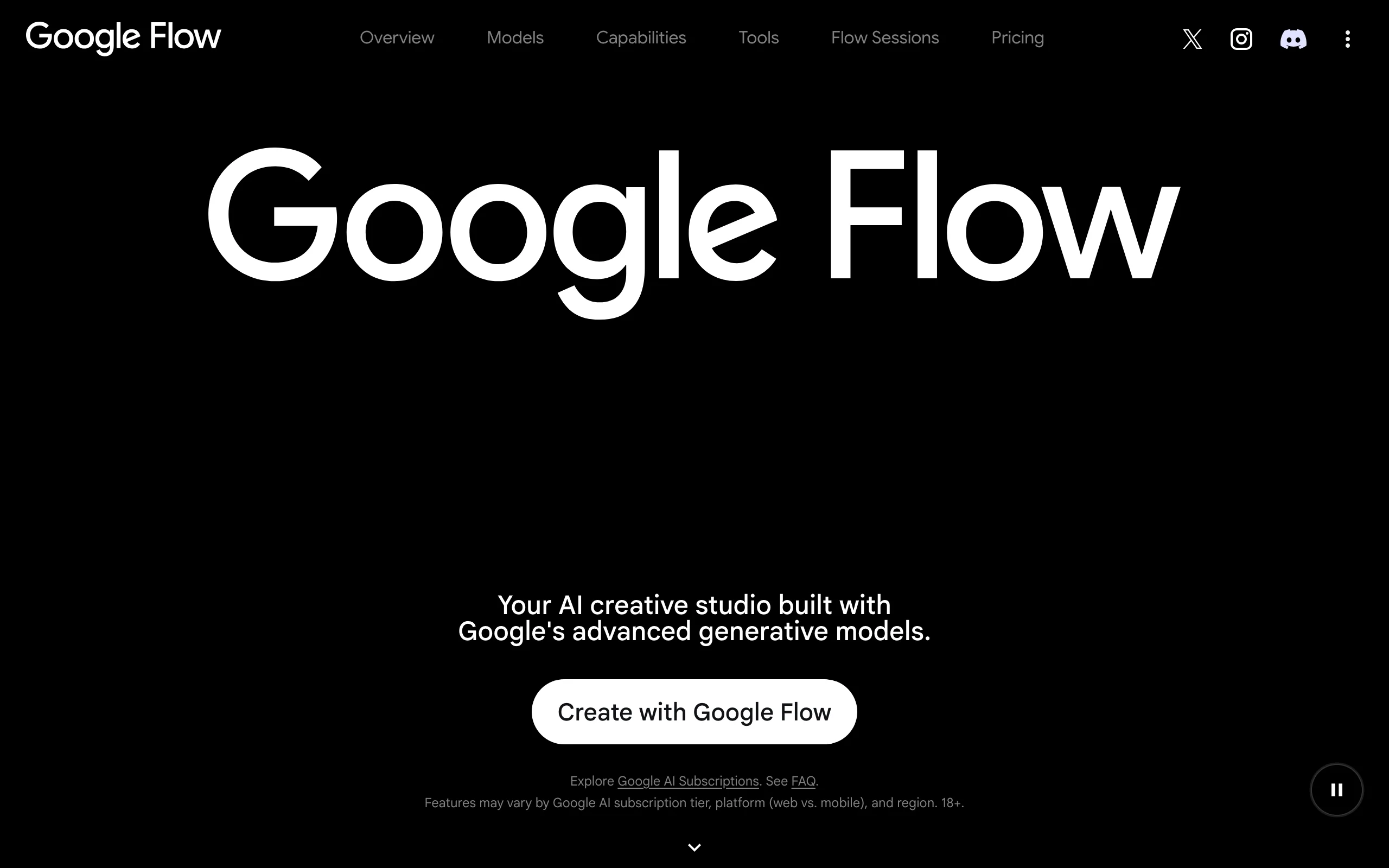 Google Flow homepage, an AI filmmaking studio for story scenes with Veo 3.1 audio