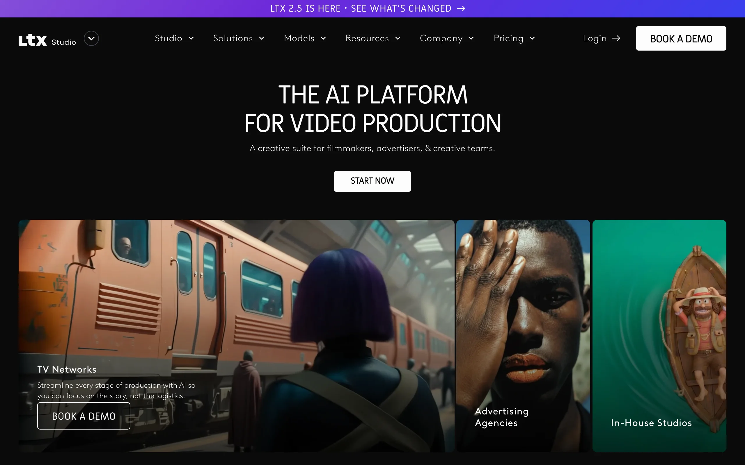 LTX Studio homepage, an AI film platform for storyboarding and video production