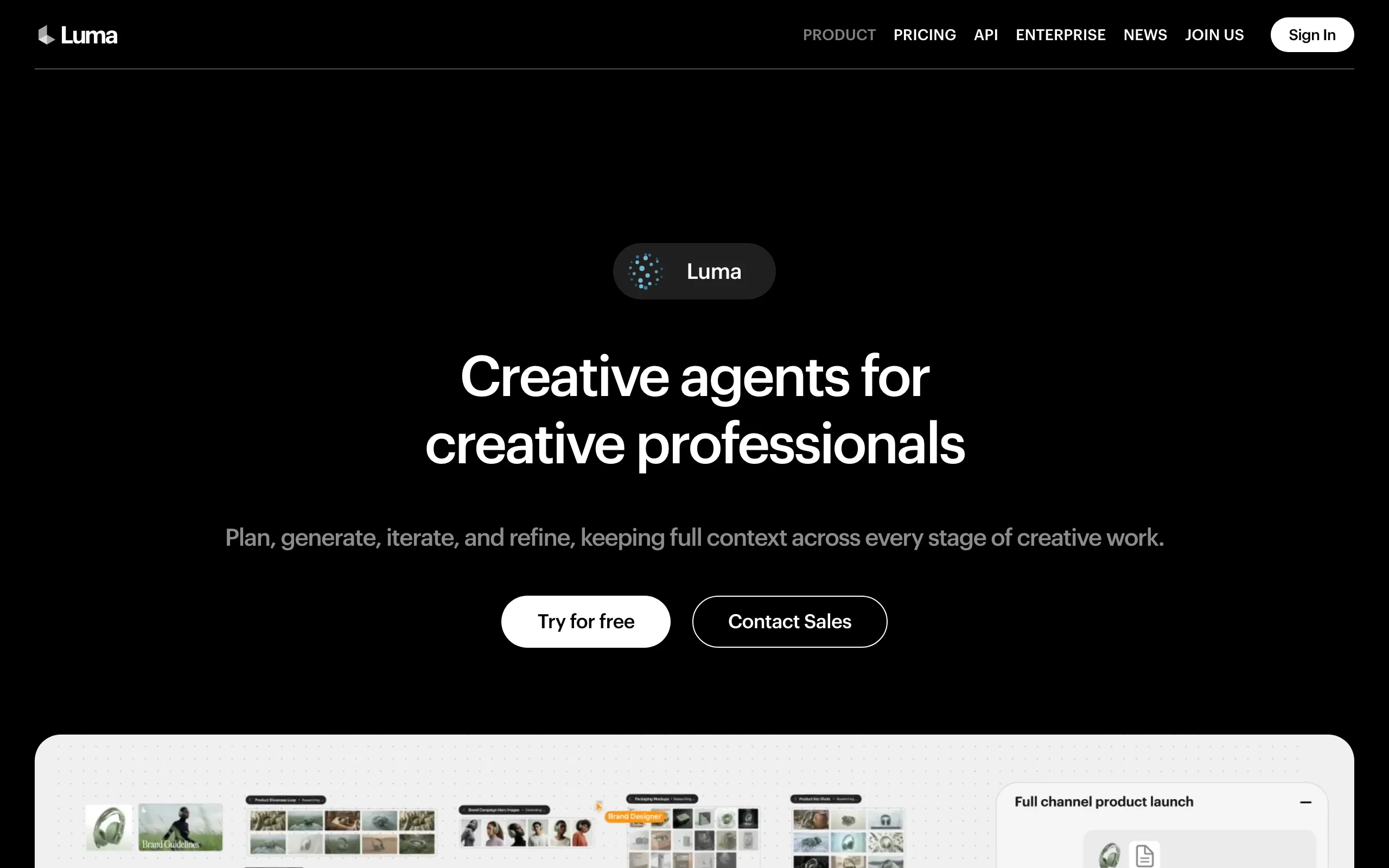 Luma homepage presenting creative agents for professionals, maker of Dream Machine