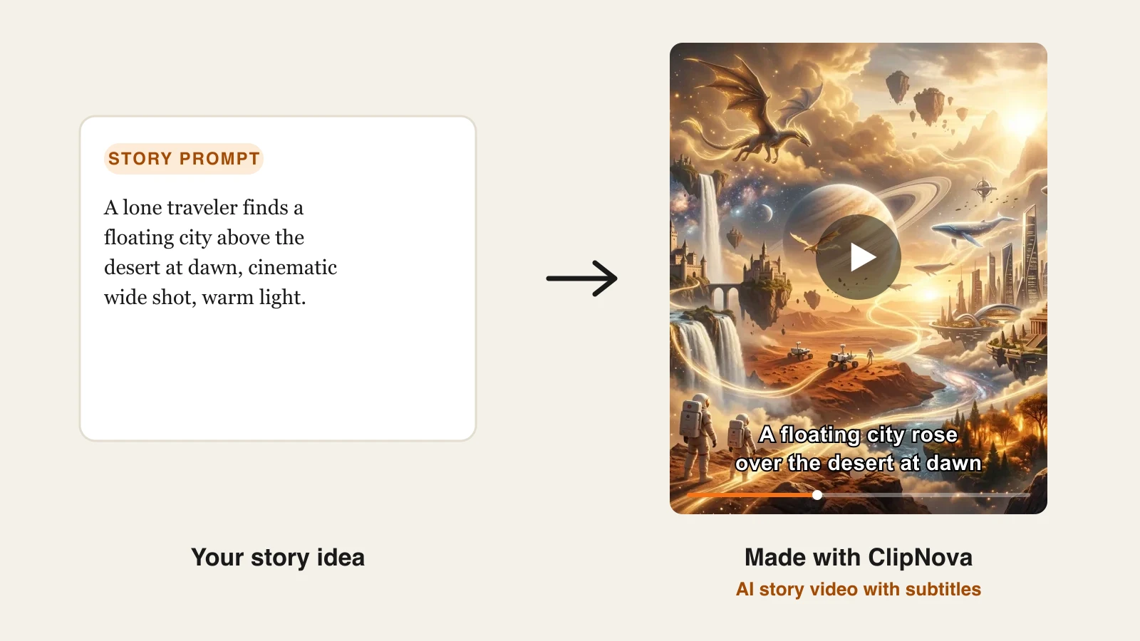 AI video generator for storytelling: a floating city prompt turned into a subtitled cinematic story video in ClipNova