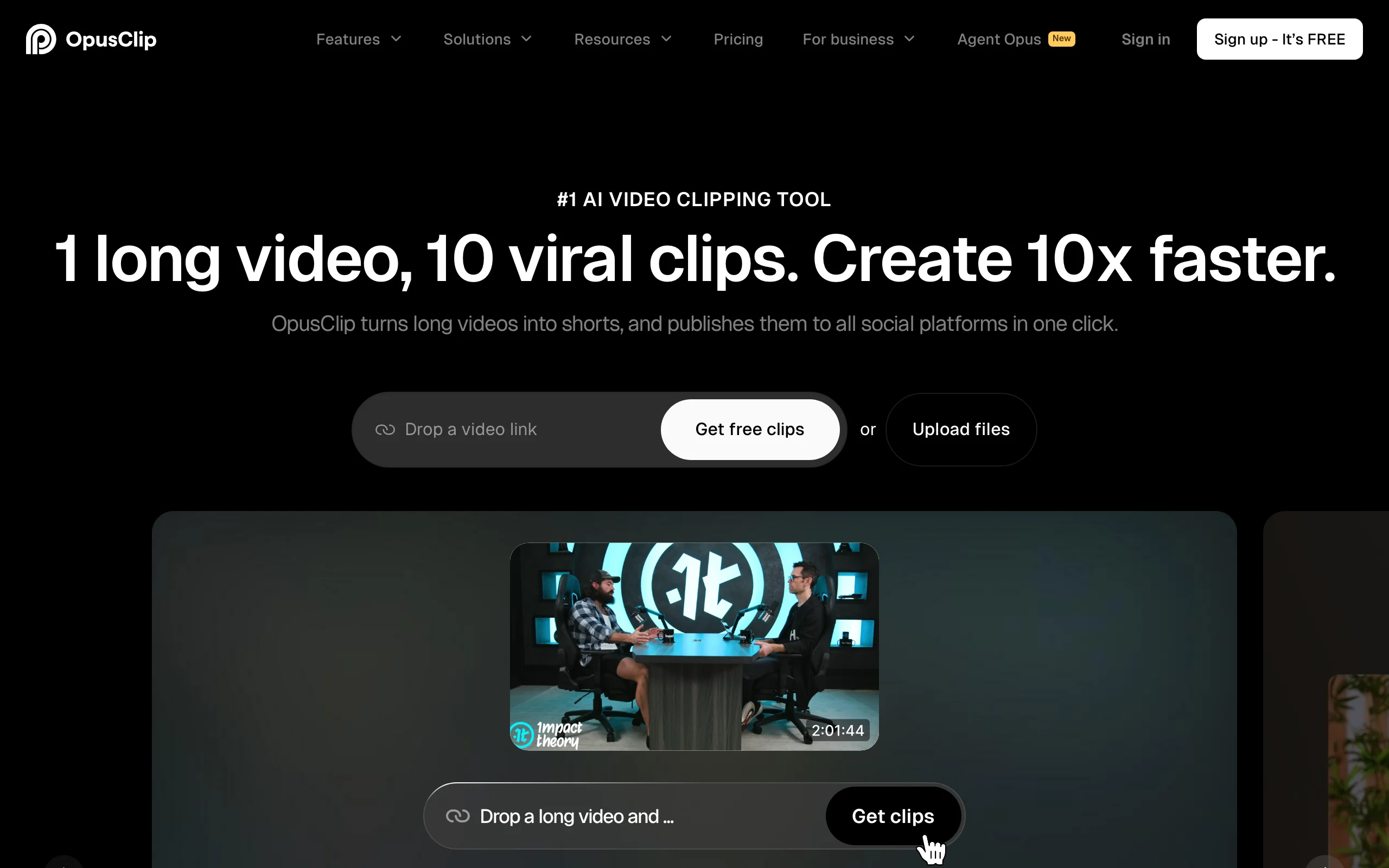 OpusClip homepage, a YouTube Shorts maker that cuts one long video into viral clips