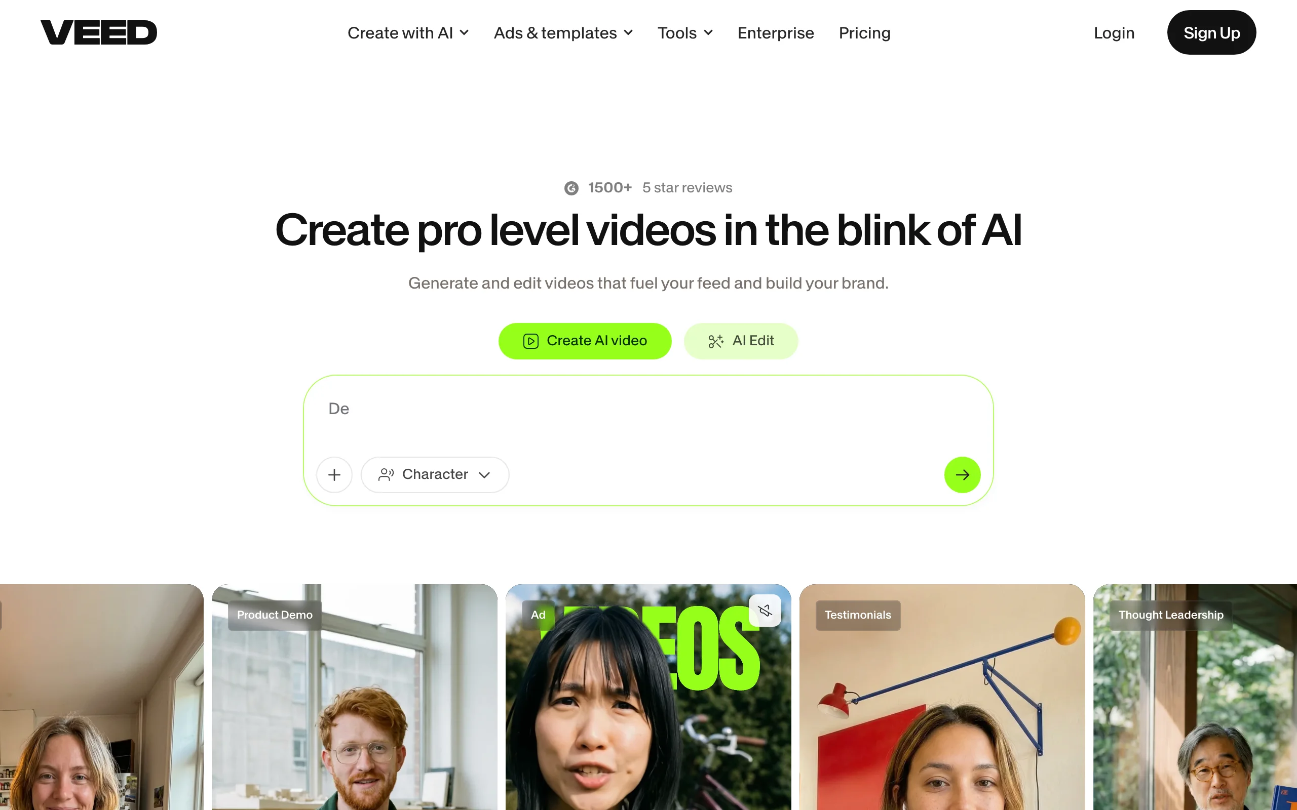VEED homepage with its Create AI video prompt and example video thumbnails