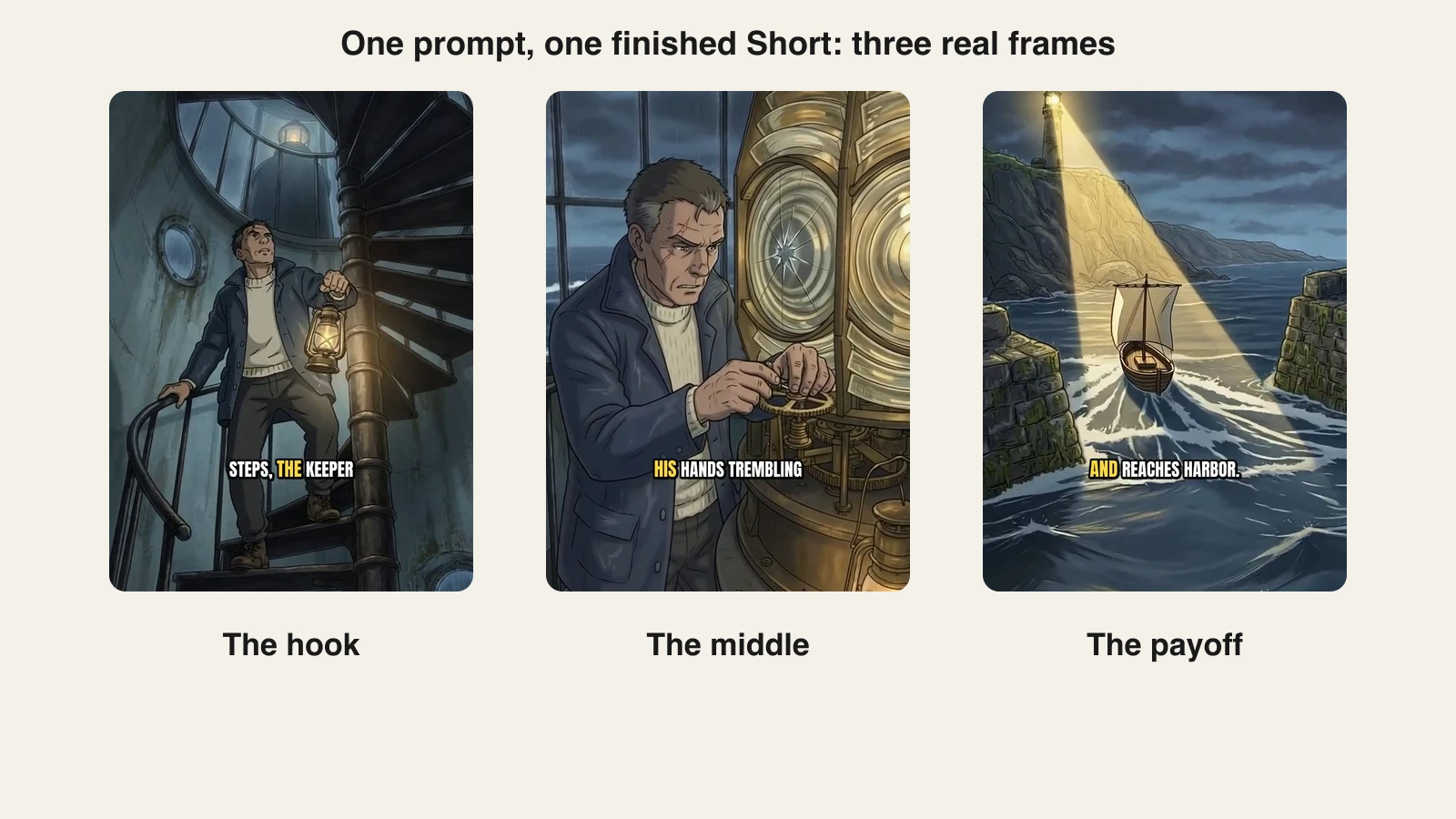 AI Shorts maker storyboard from ClipNova: three real frames of a lighthouse keeper Short with its burned-in captions