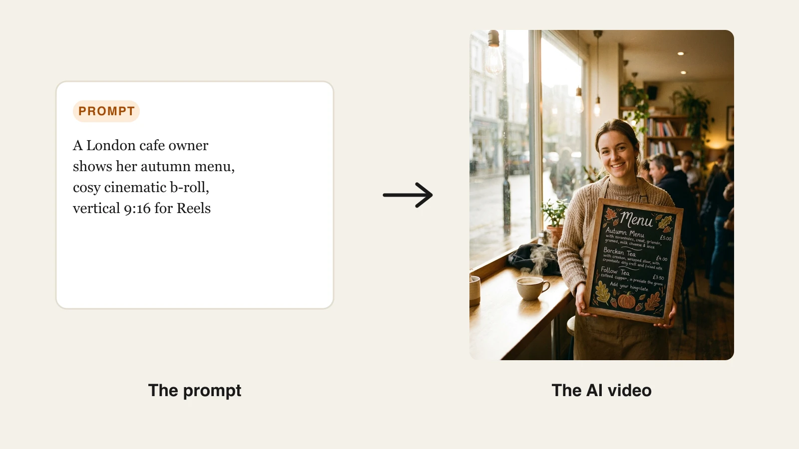 Best AI video generators UK: a London cafe autumn menu prompt turned into a vertical Reels video