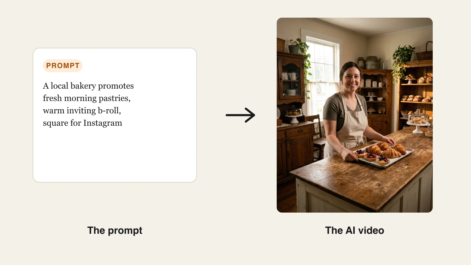 Best AI video generator for small business: a local bakery prompt turned into a warm Instagram video of fresh pastries