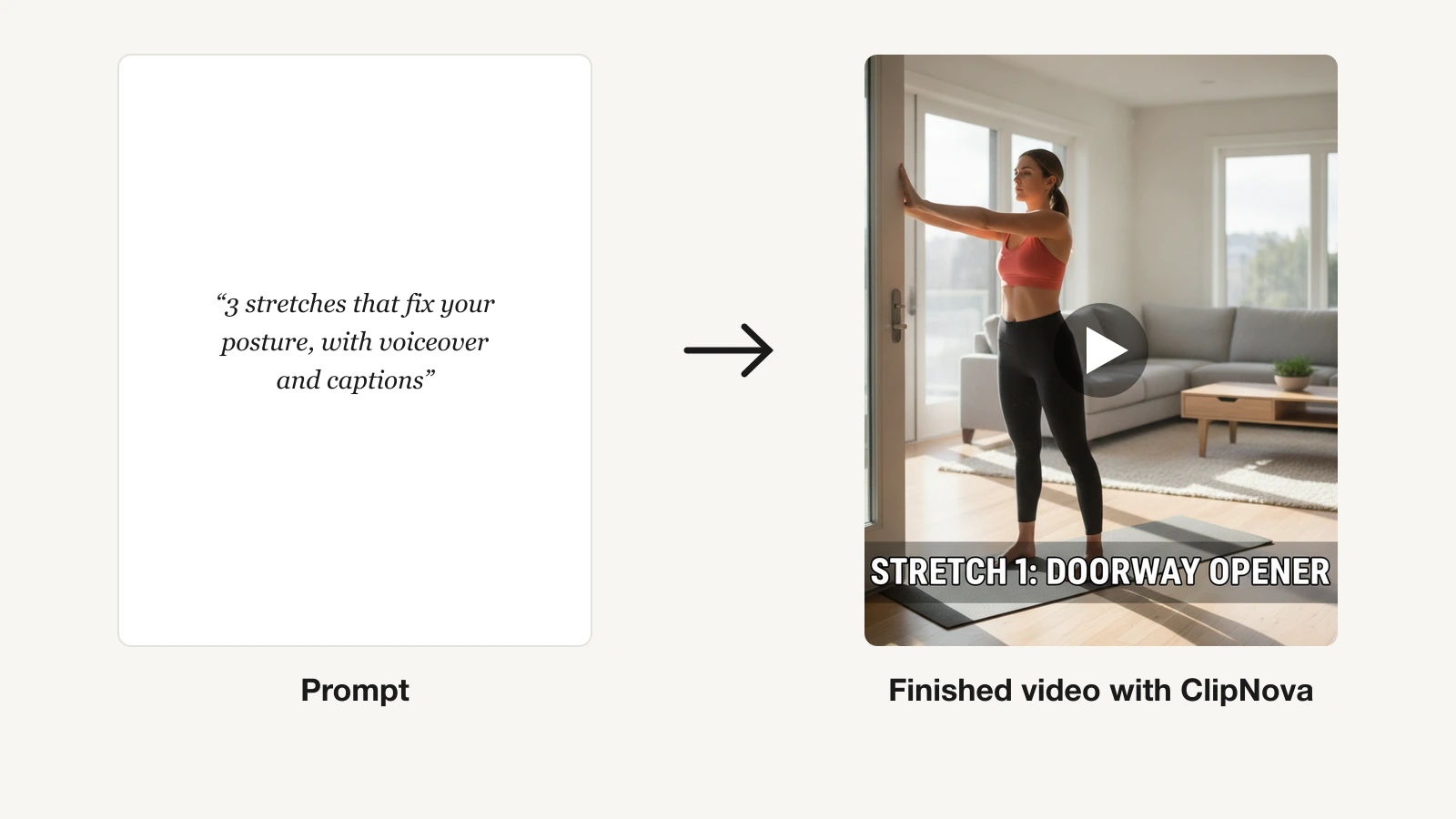 ClipNova text-to-video example: a posture stretches prompt and the captioned vertical fitness video it made