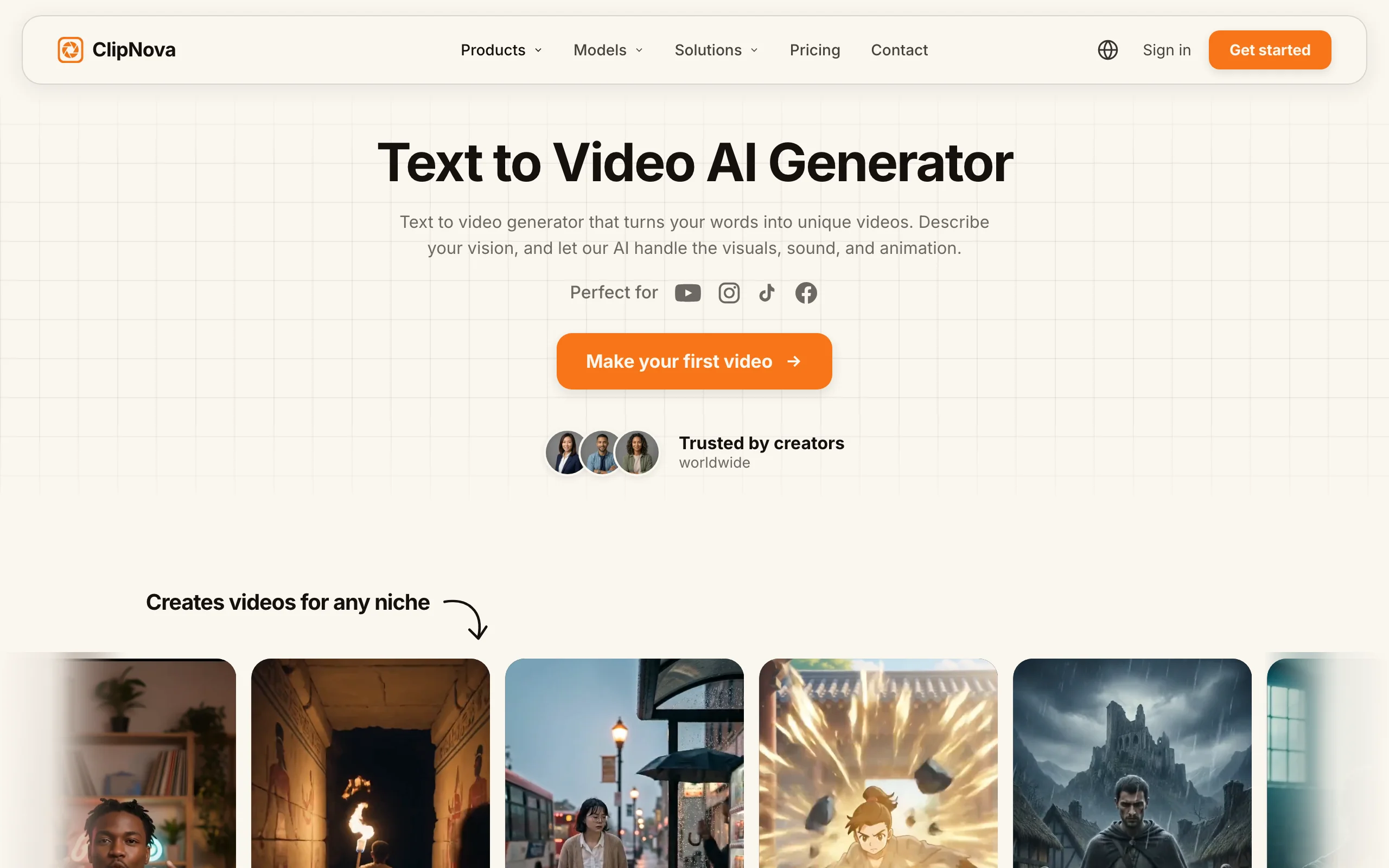 Best AI video generator ClipNova, its text to video page with example clips for different niches