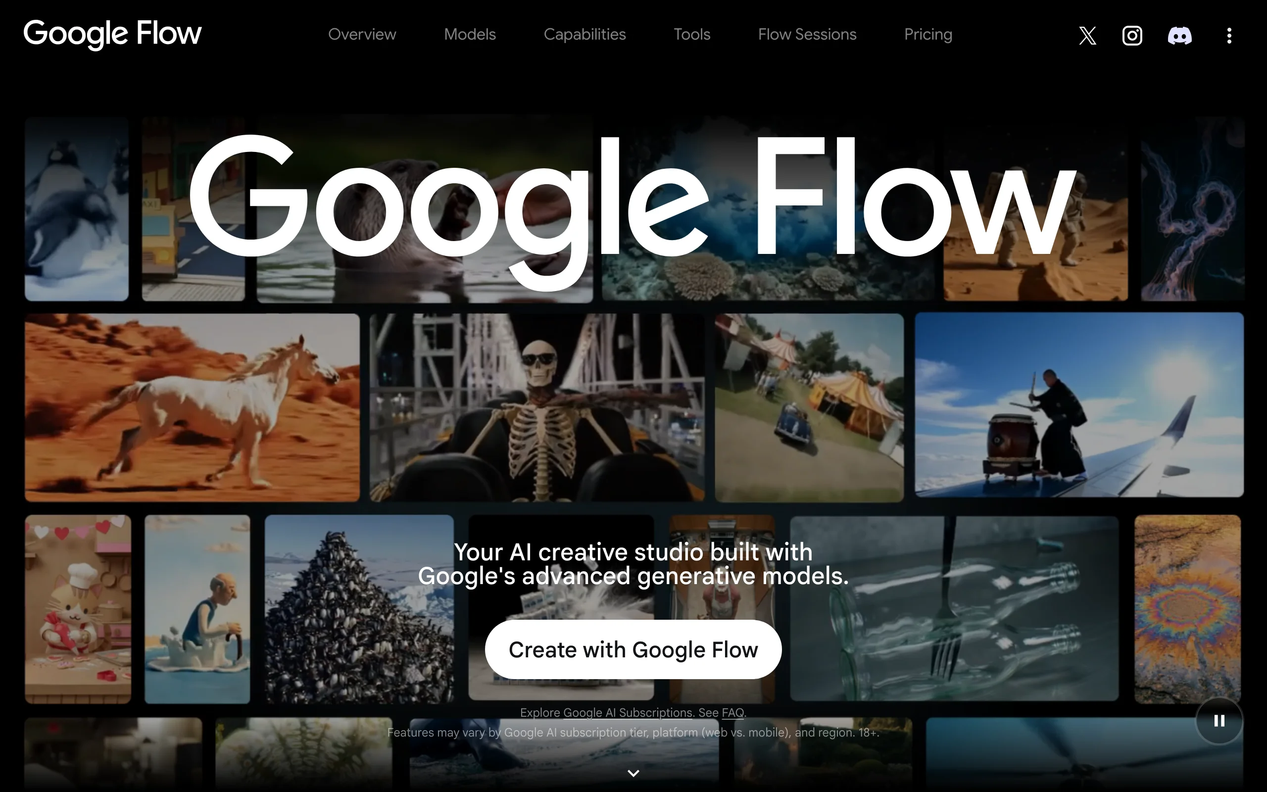 Google Flow homepage, the AI filmmaking studio built on Google's Veo models