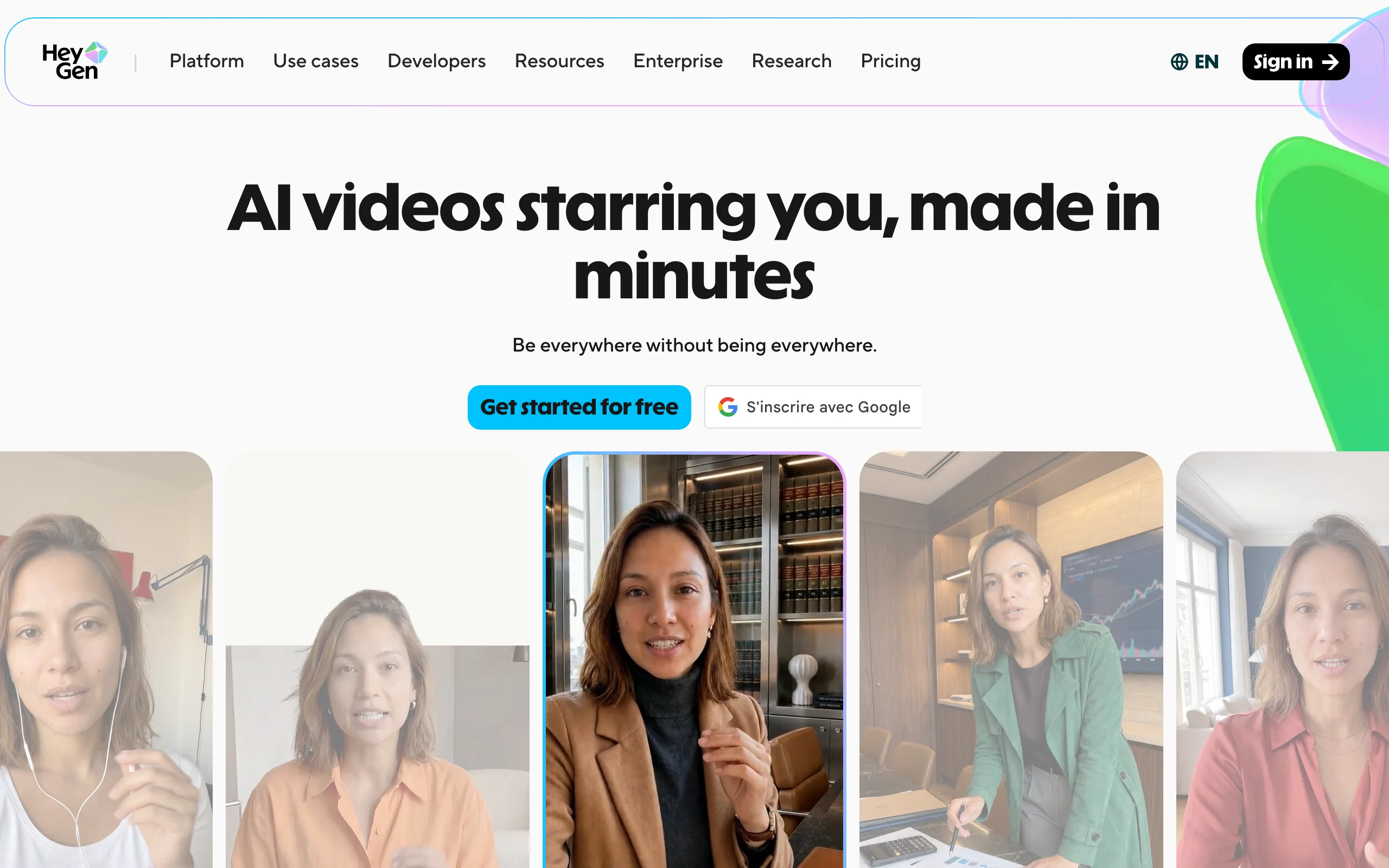 HeyGen homepage with a row of AI avatar presenters for marketing videos